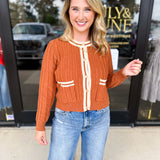 Classic Varsity Rust Cardigan-230 Sweaters/Cardis-ENTRO-July & June Women's Fashion Boutique Located in San Antonio, Texas