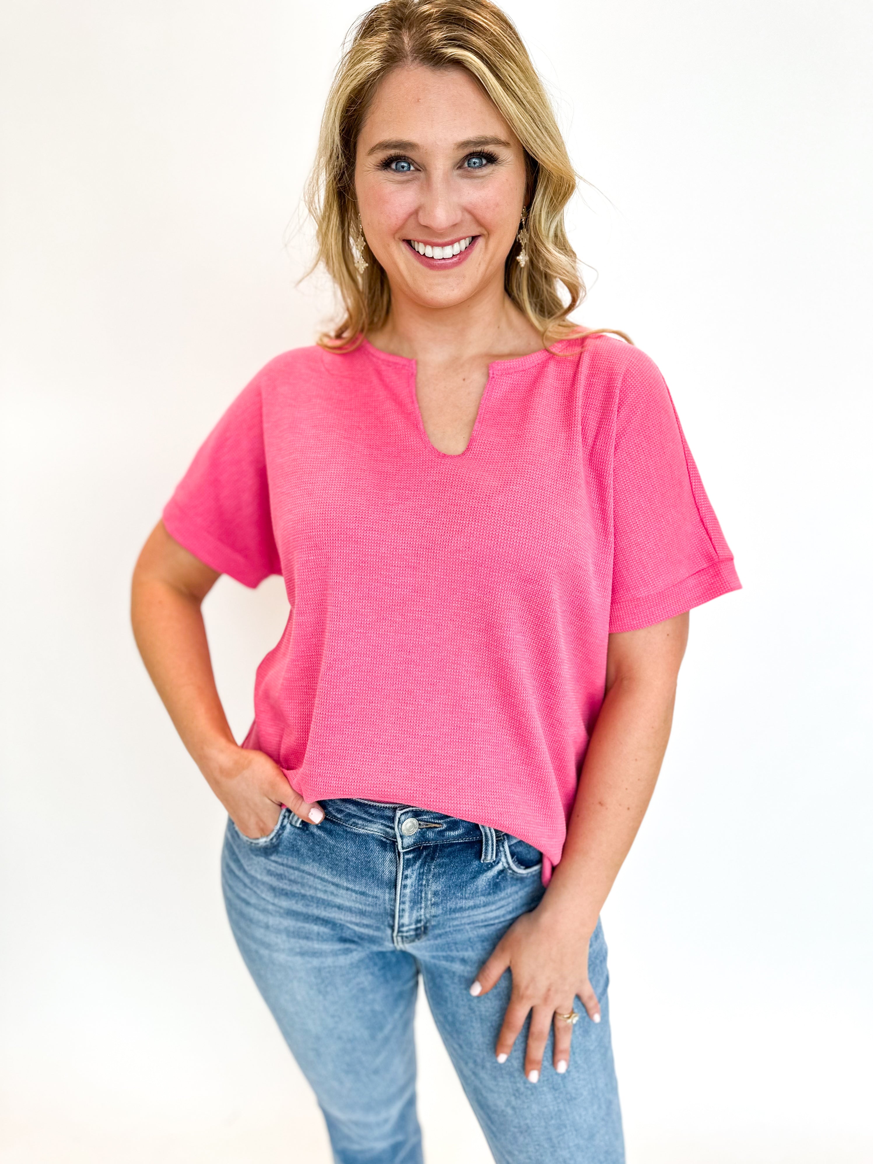 Casual V-Neck Tee - Pink-210 Casual Blouses-JODIFL-July & June Women's Fashion Boutique Located in San Antonio, Texas