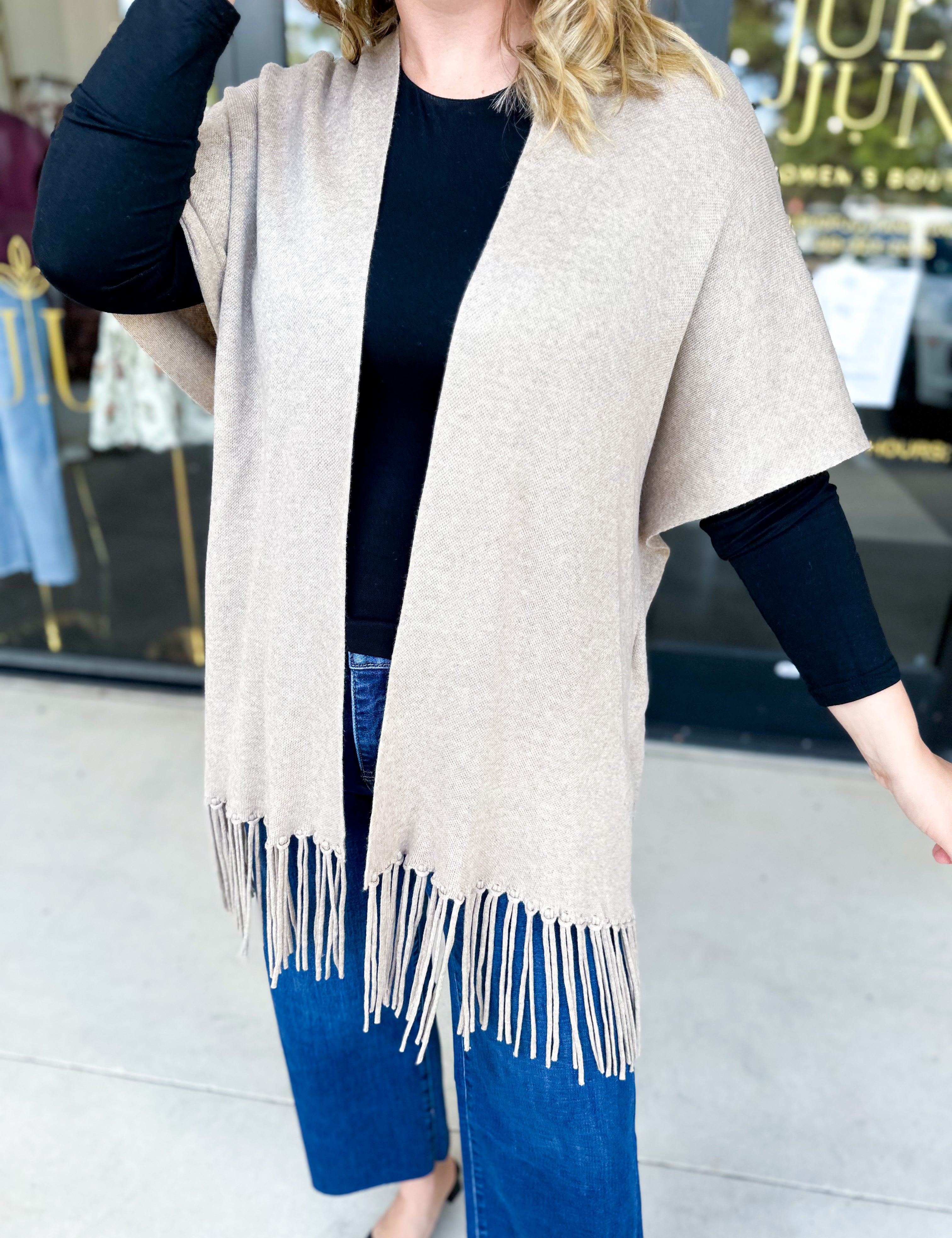 Oatmeal Fringe Wrap Cardigan-230 Sweaters/Cardis-SKIES ARE BLUE-July & June Women's Fashion Boutique Located in San Antonio, Texas