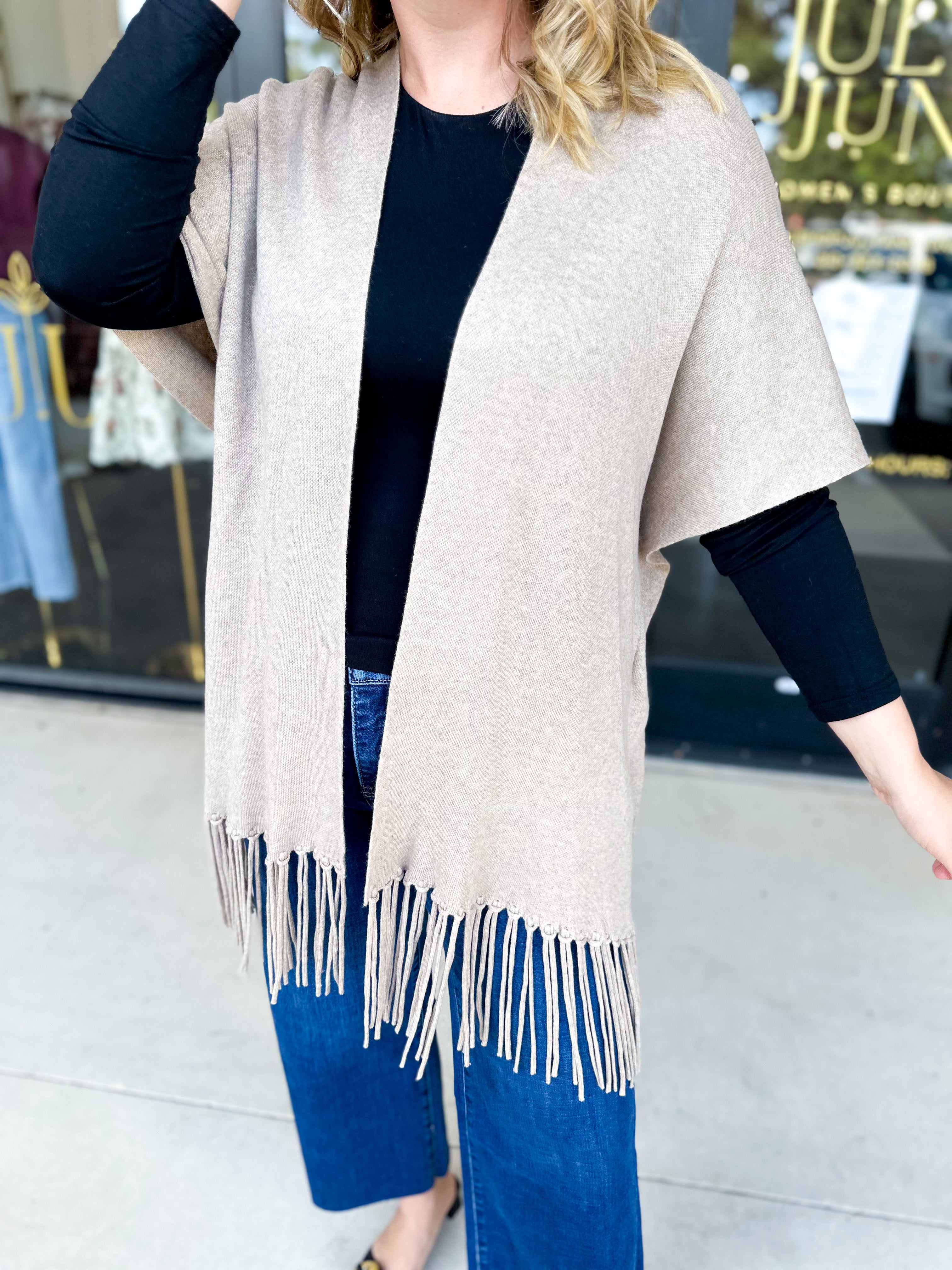 Oatmeal Fringe Wrap Cardigan-230 Sweaters/Cardis-SKIES ARE BLUE-July & June Women's Fashion Boutique Located in San Antonio, Texas