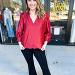 THML - Cherry Red Sheen Blouse-200 Fashion Blouses-THML-July & June Women's Fashion Boutique Located in San Antonio, Texas