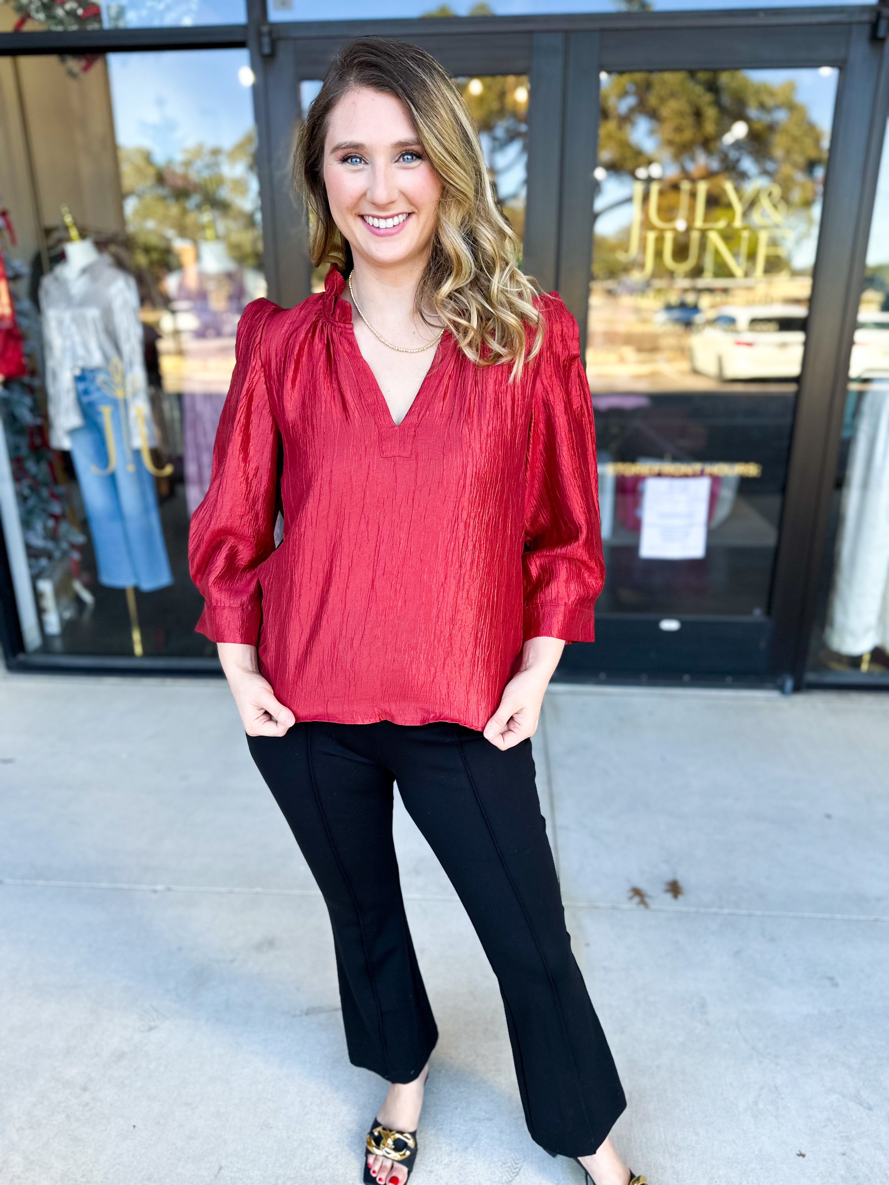 THML - Cherry Red Sheen Blouse-200 Fashion Blouses-THML-July & June Women's Fashion Boutique Located in San Antonio, Texas