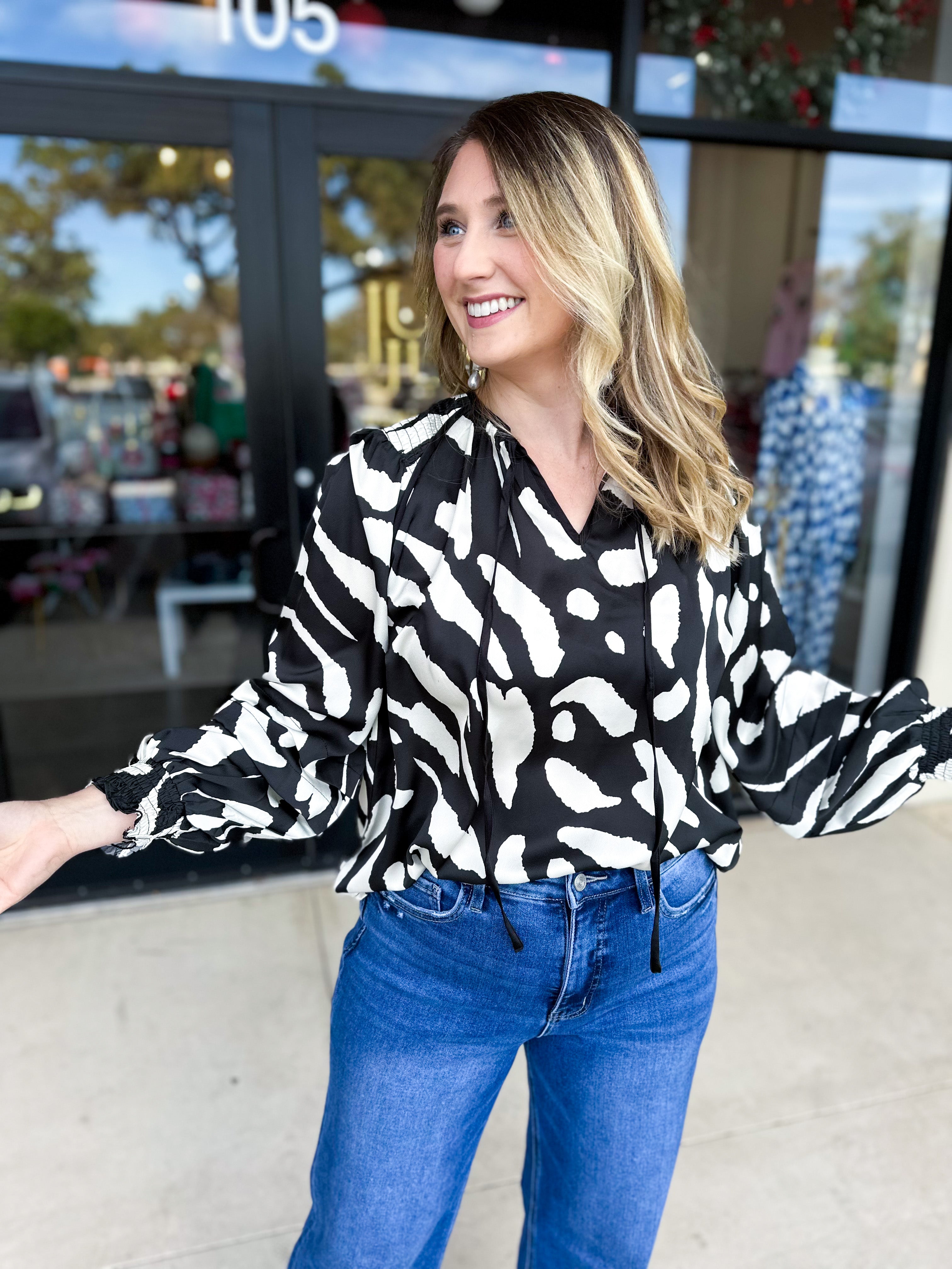 Abstract Black & White Blouse-200 Fashion Blouses-FATE-July & June Women's Fashion Boutique Located in San Antonio, Texas