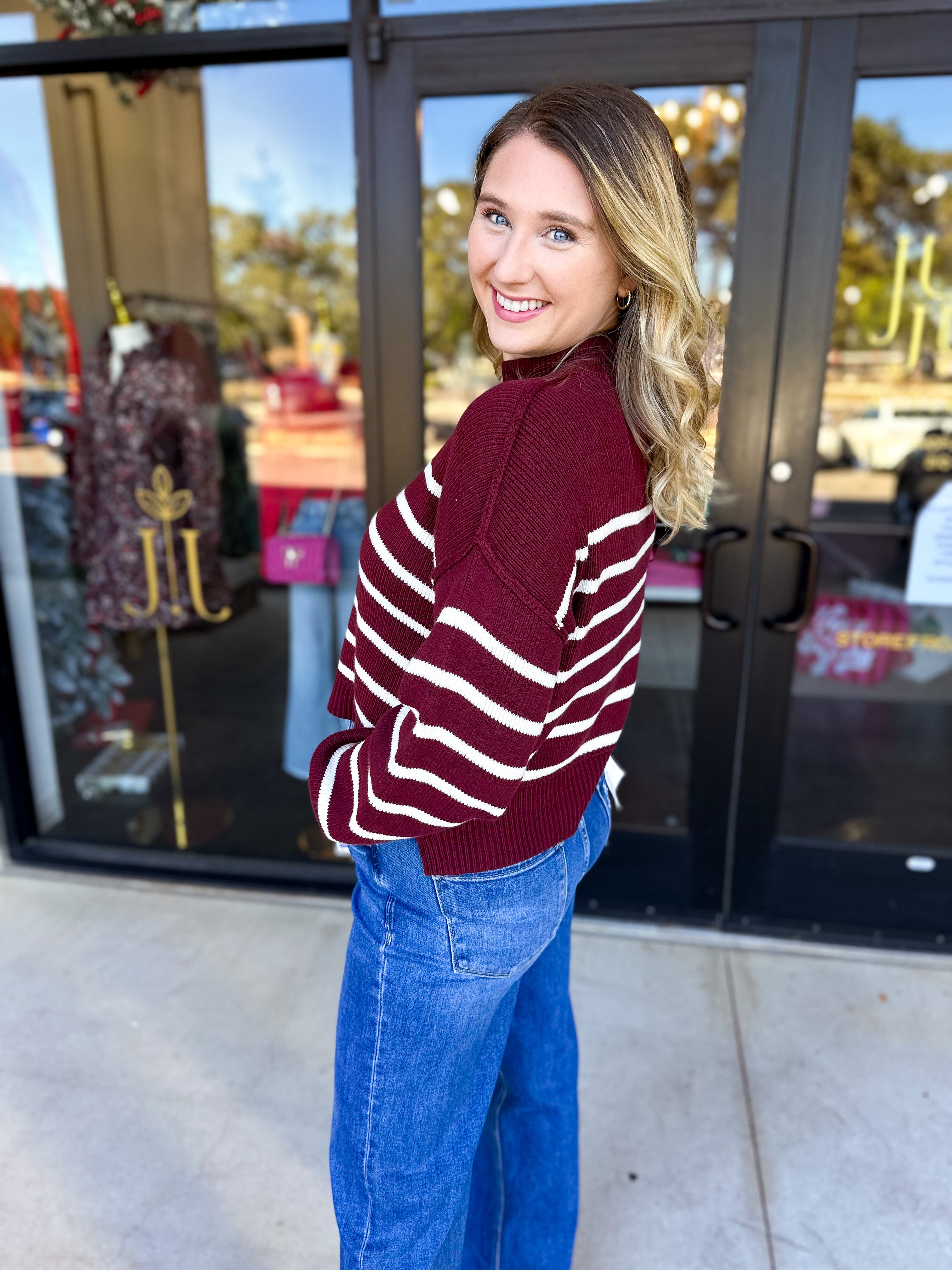 Pink Friday Doorbuster - Mock Neck Sweater Top - Burgundy - IN STORE-PINK FRIDAY DOORBUSTERS-BLU PEPPER-July & June Women's Fashion Boutique Located in San Antonio, Texas