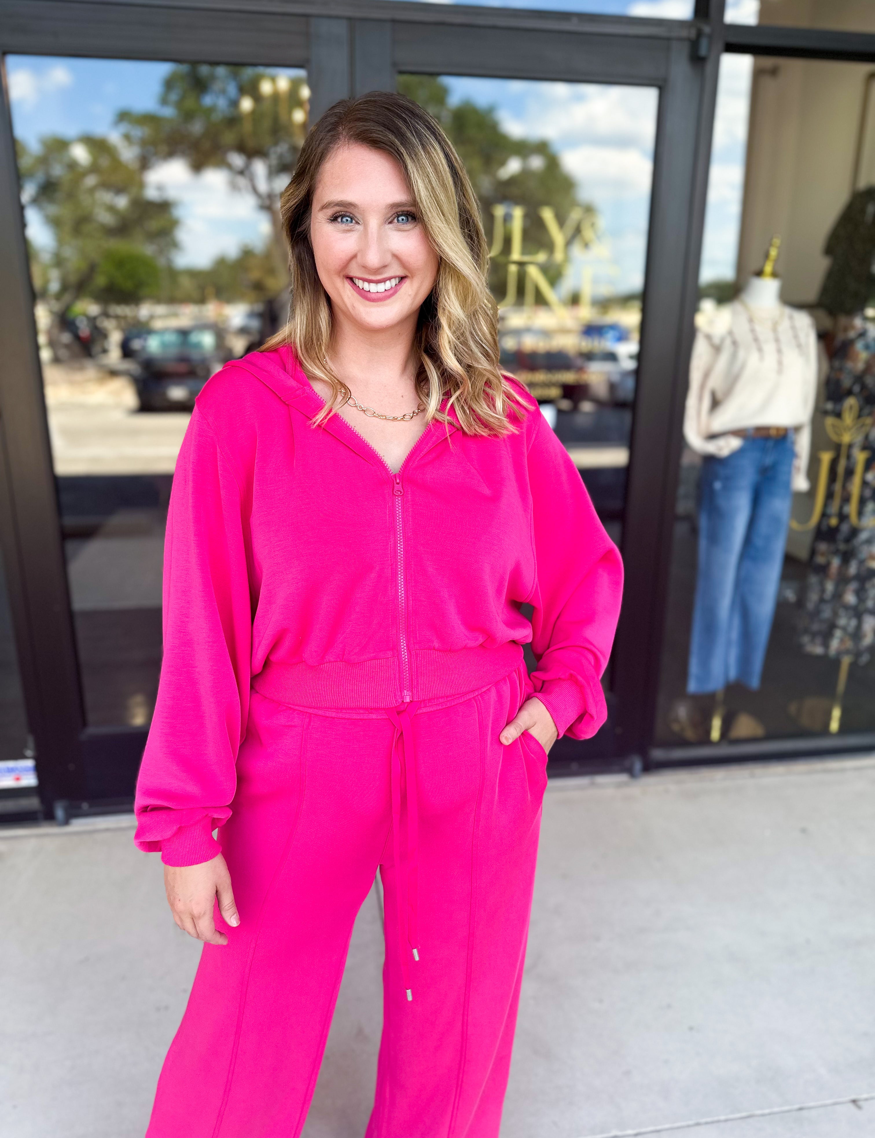 Soft Modal Hooded Jacket - Fuchsia Pink-300 Athleisure/Lounge-SKIES ARE BLUE-July & June Women's Fashion Boutique Located in San Antonio, Texas