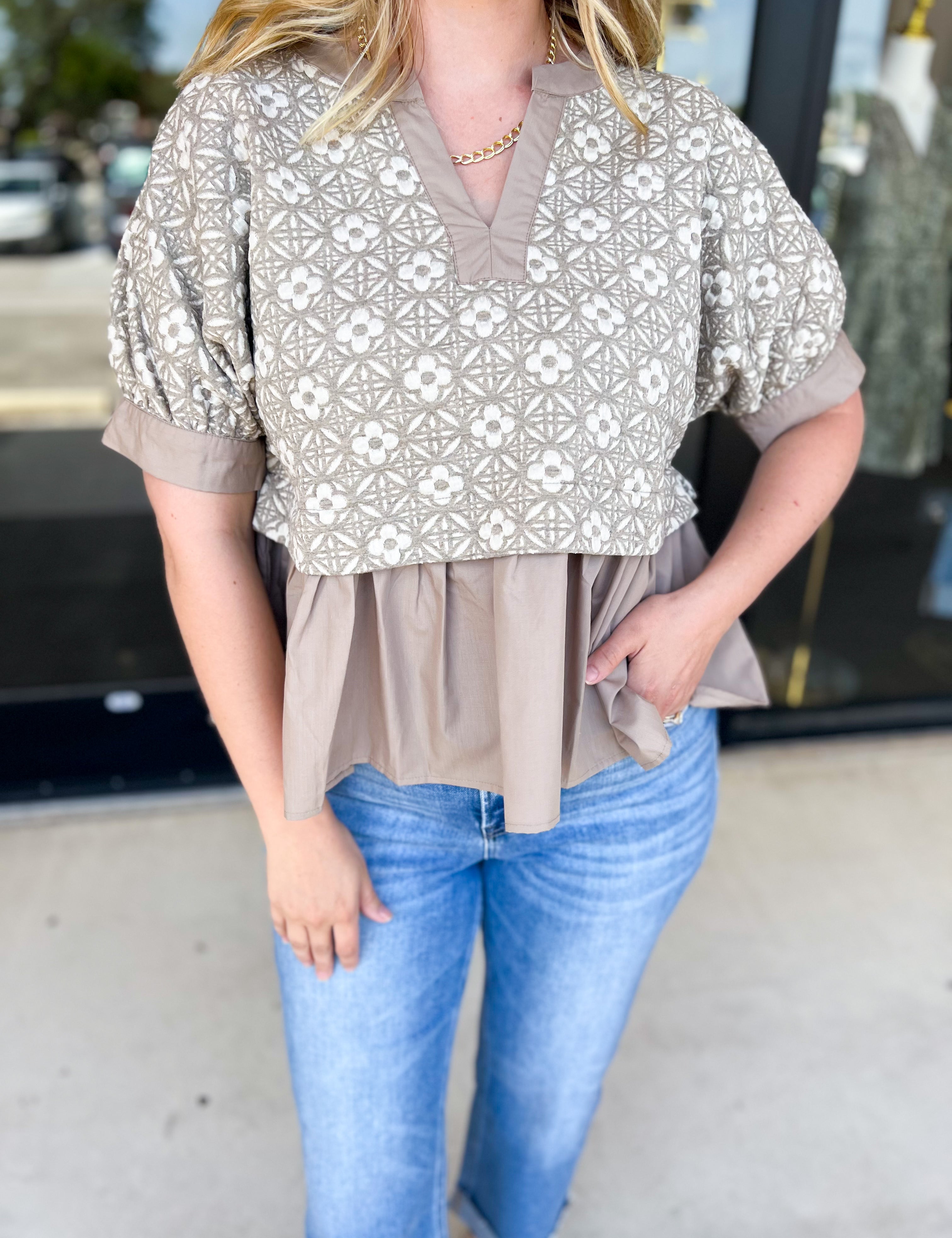The Fall Peplum Top - Light Mocha-200 Fashion Blouses-ENTRO-July & June Women's Fashion Boutique Located in San Antonio, Texas