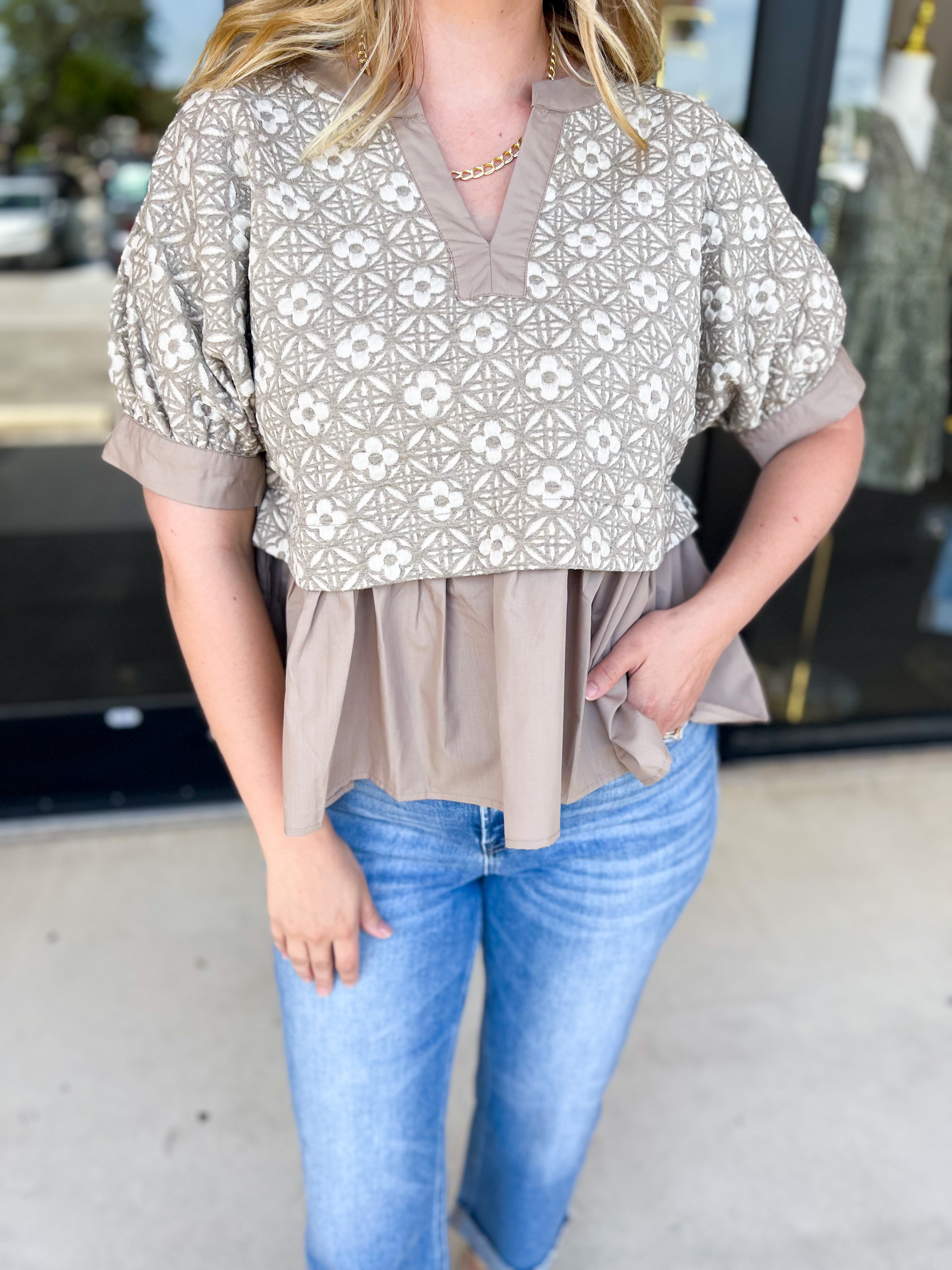 The Fall Peplum Top - Light Mocha-200 Fashion Blouses-ENTRO-July & June Women's Fashion Boutique Located in San Antonio, Texas