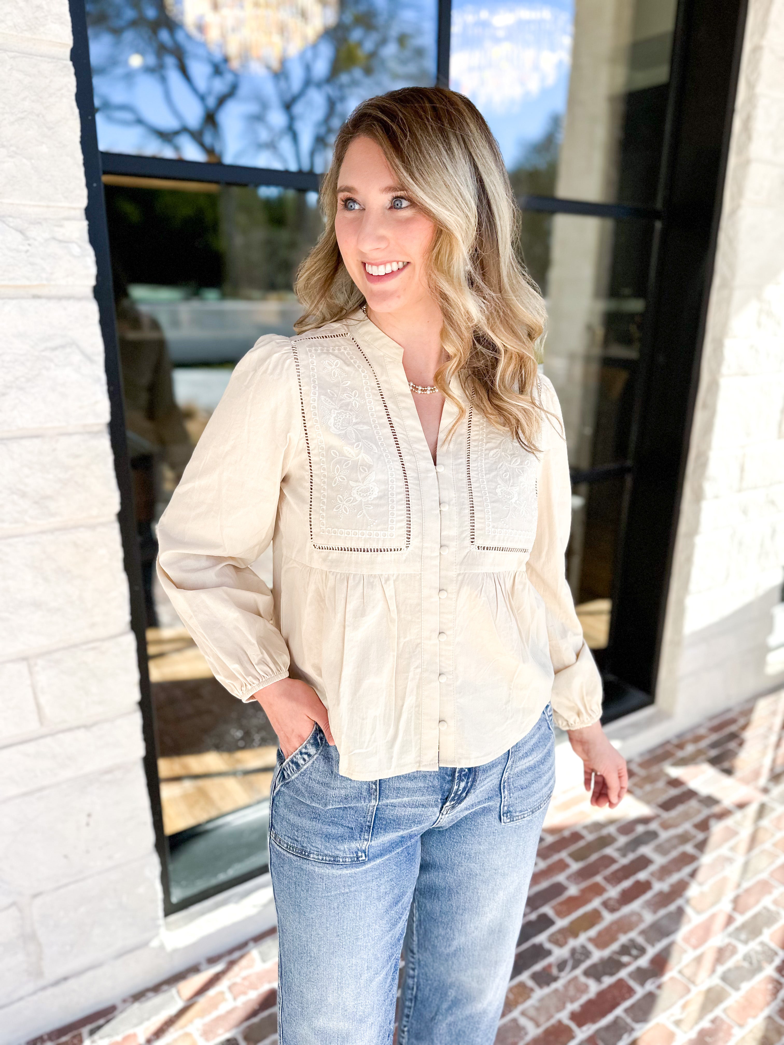 Cream Embroidered Peasant Blouse-200 Fashion Blouses-ABLE-July & June Women's Fashion Boutique Located in San Antonio, Texas