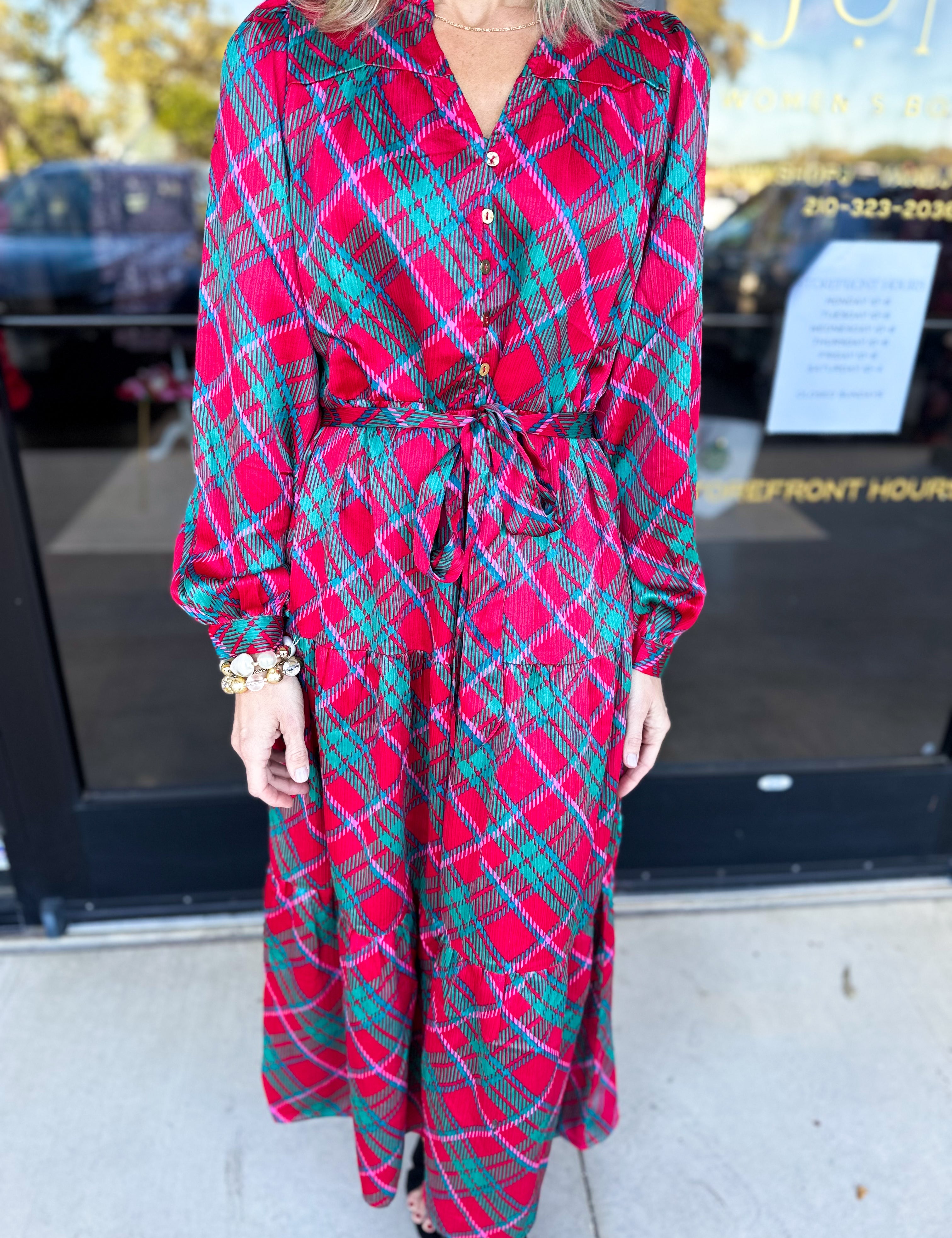 Mary Square - Gracelyn Plaid About You Pink Midi Dress-500 Midi-MARY SQUARE-July & June Women's Fashion Boutique Located in San Antonio, Texas