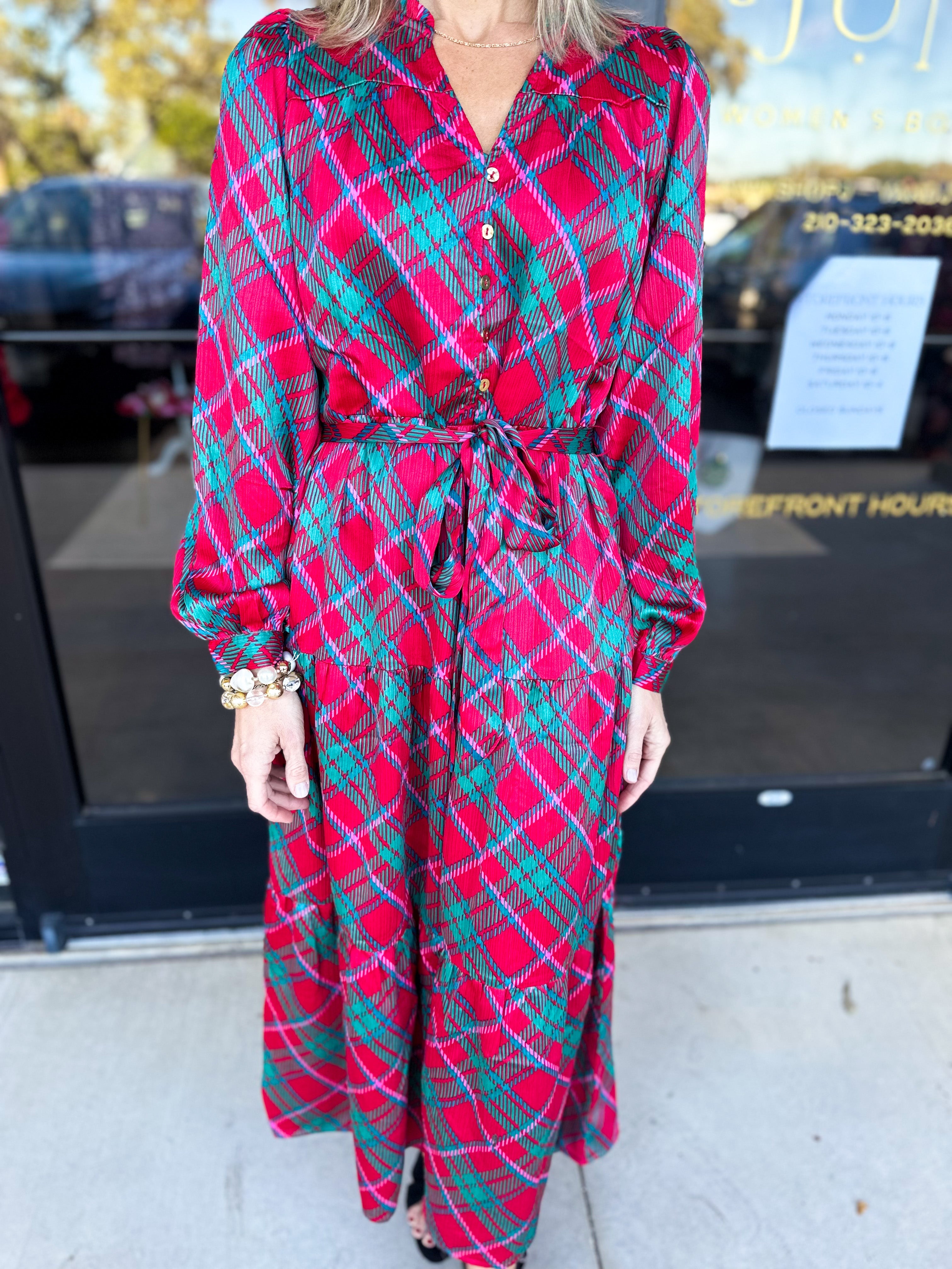 Mary Square - Gracelyn Plaid About You Pink Midi Dress-500 Midi-MARY SQUARE-July & June Women's Fashion Boutique Located in San Antonio, Texas