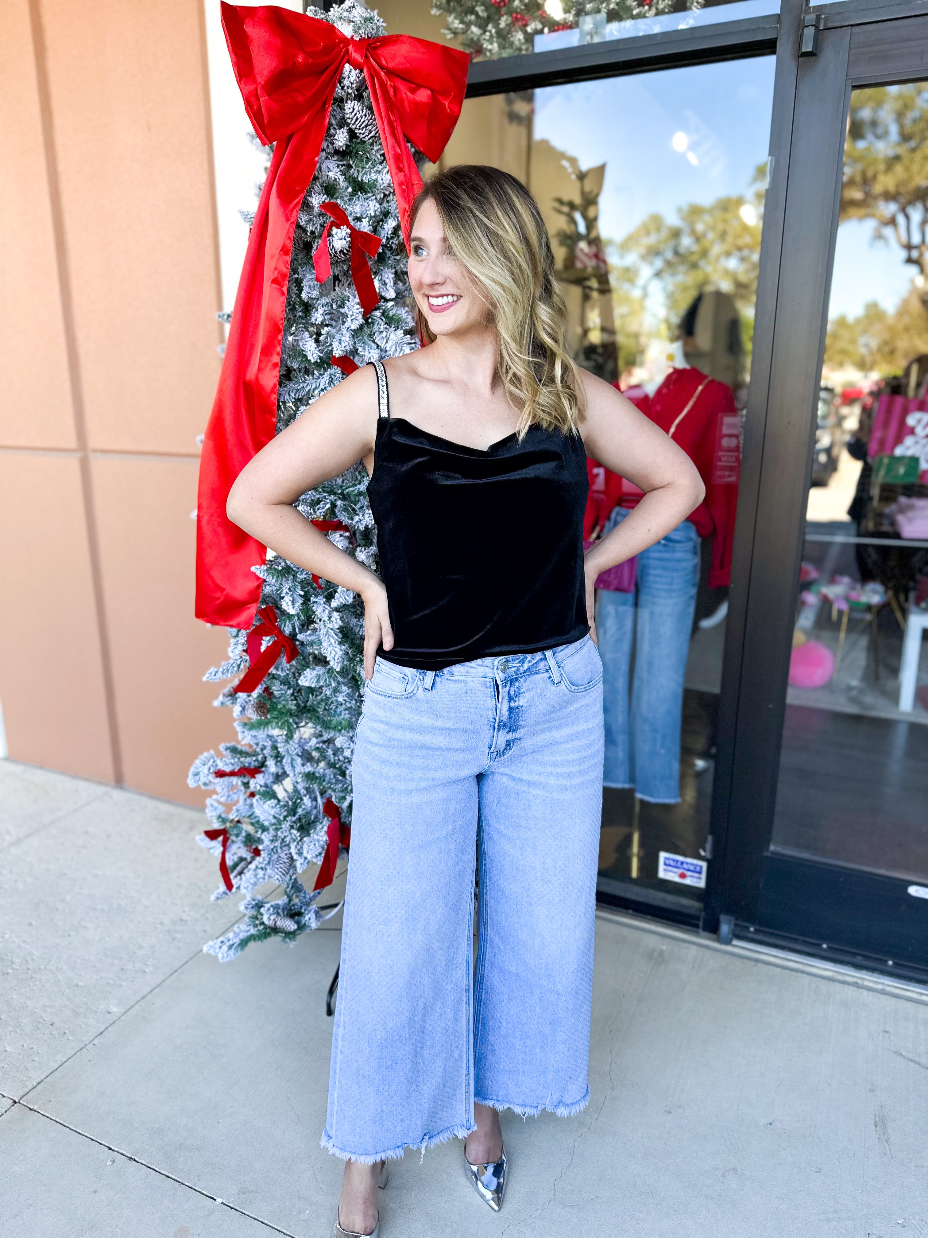Velvet & Rhinestone Cami-200 Fashion Blouses-SKIES ARE BLUE-July & June Women's Fashion Boutique Located in San Antonio, Texas
