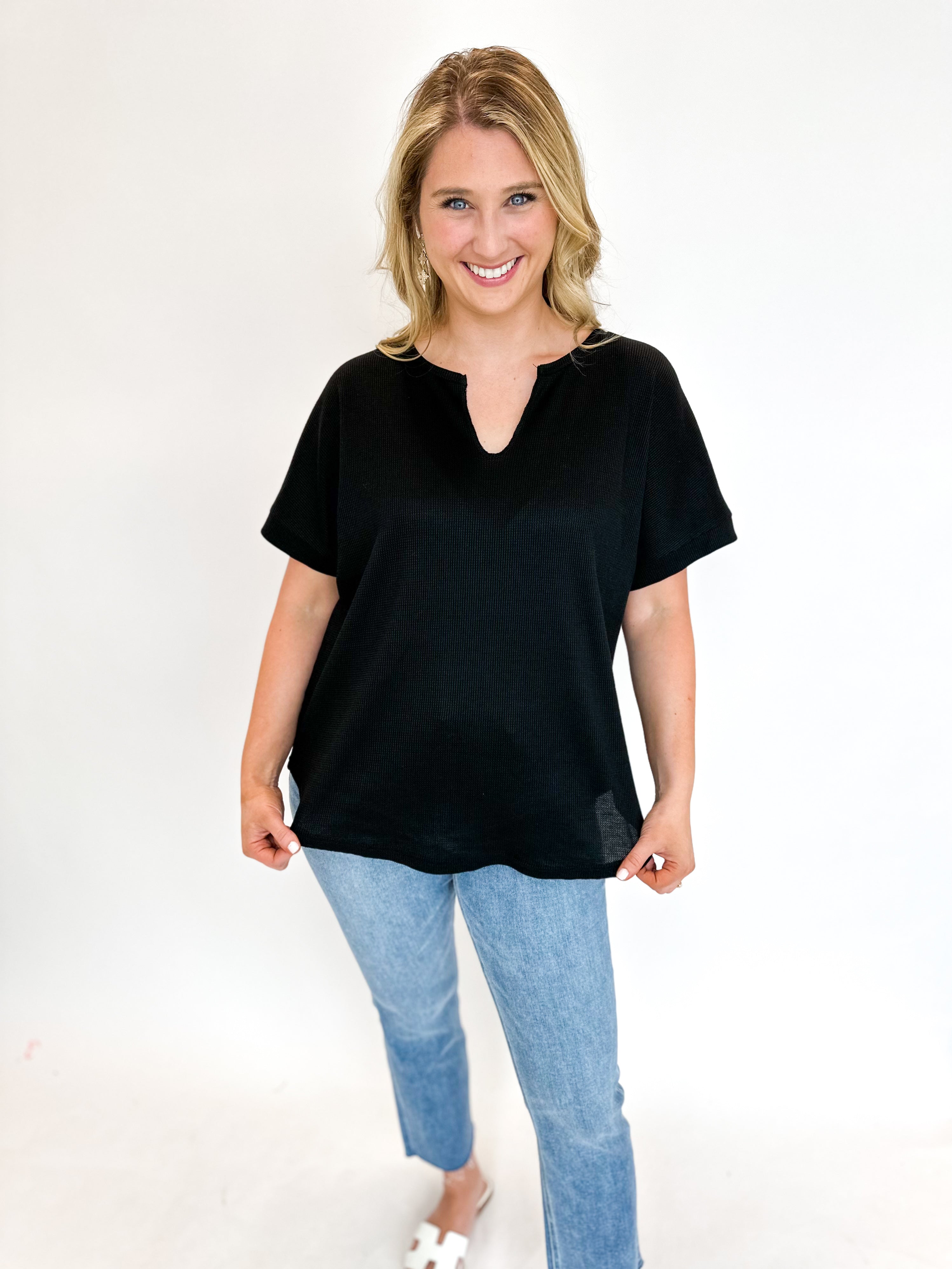 Casual V-Neck Tee - Black-210 Casual Blouses-JODIFL-July & June Women's Fashion Boutique Located in San Antonio, Texas