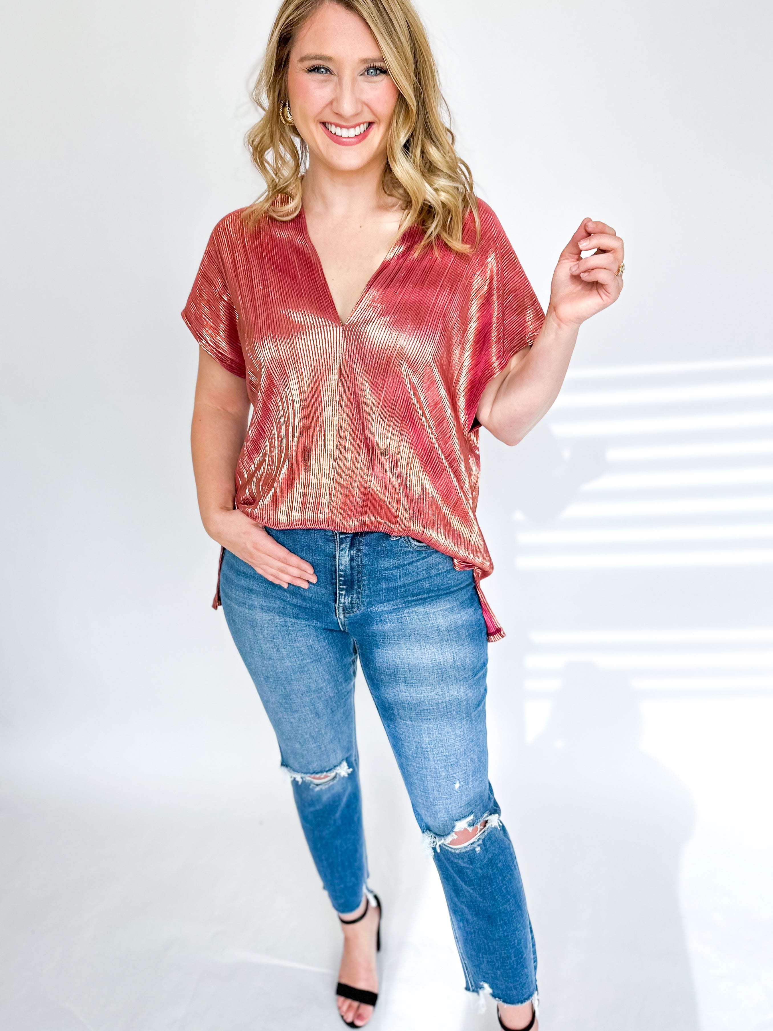 Rosey Glam Blouse-200 Fashion Blouses-ADRIENNE-July & June Women's Fashion Boutique Located in San Antonio, Texas