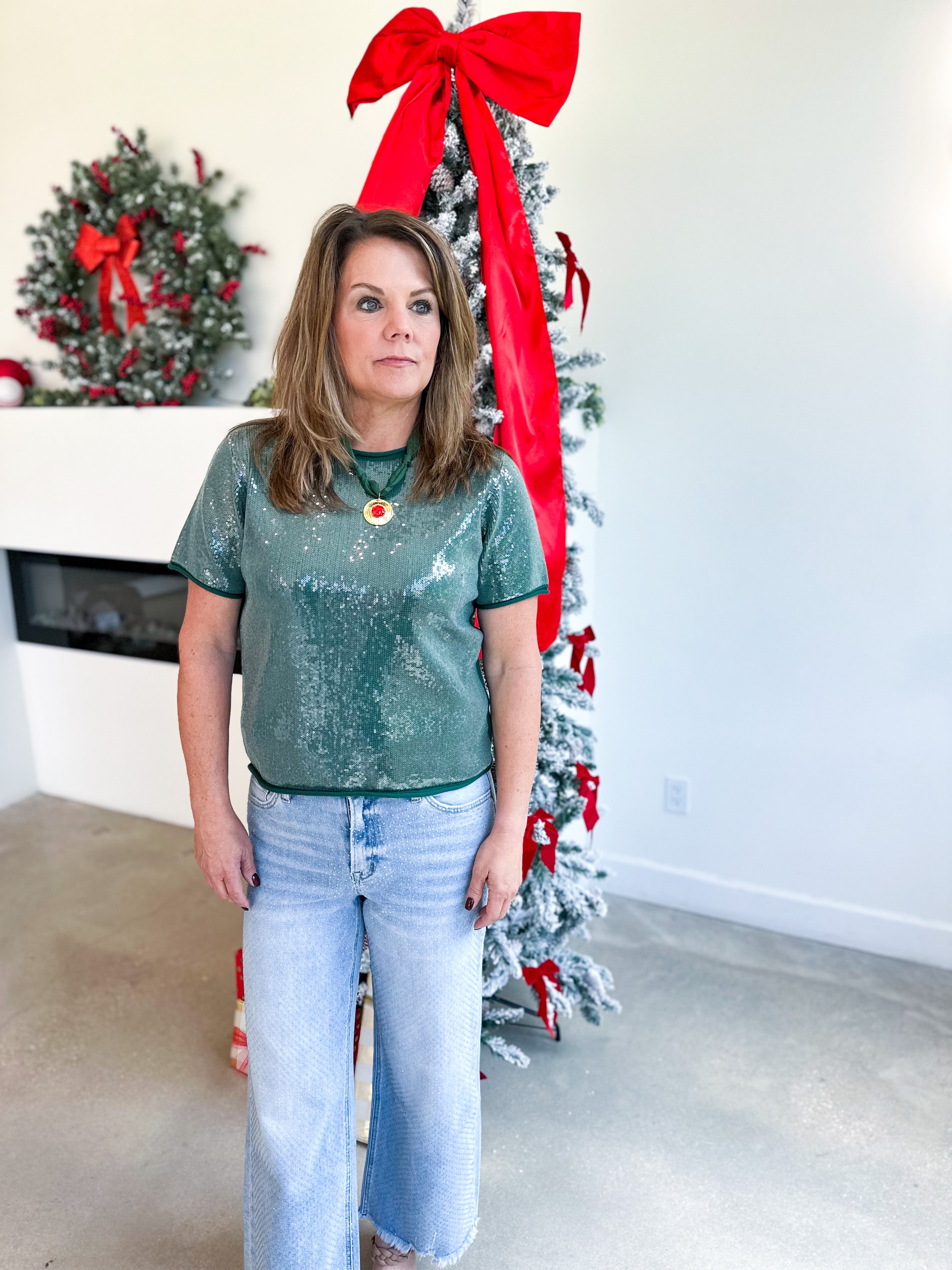 Holiday Party Sweater Top - Hunter Green-200 Fashion Blouses-JODIFL-July & June Women's Fashion Boutique Located in San Antonio, Texas