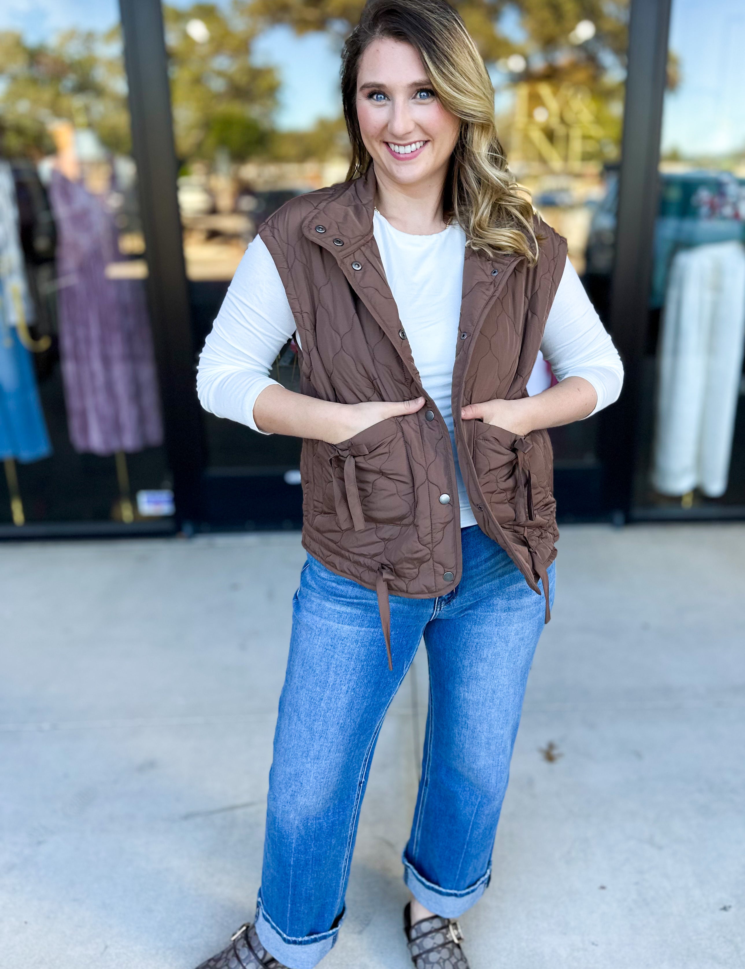 Quilted Bow Vest - Brown-600 Outerwear-BLU PEPPER-July & June Women's Fashion Boutique Located in San Antonio, Texas