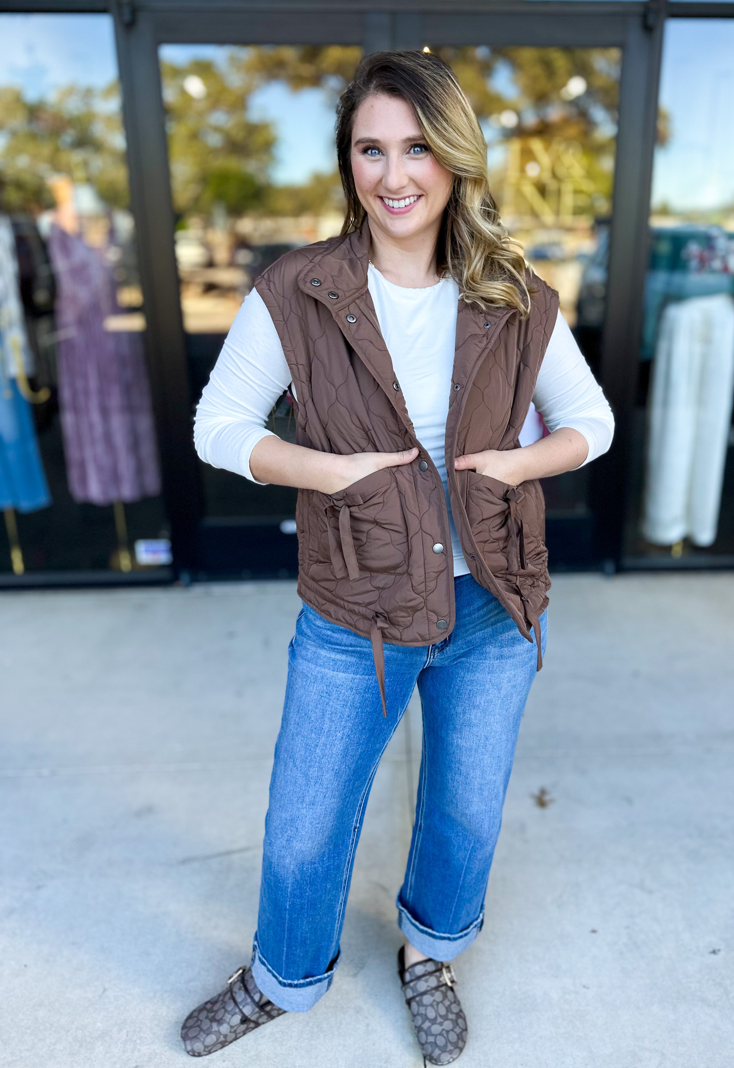 Quilted Bow Vest - Brown-600 Outerwear-BLU PEPPER-July & June Women's Fashion Boutique Located in San Antonio, Texas