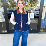 Navy & Suede Vest-600 Outerwear-ENTRO-July & June Women's Fashion Boutique Located in San Antonio, Texas