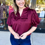 Pink Friday Doorbuster - Puff Sleeve Satin Blouse - Wine - IN STORE-PINK FRIDAY DOORBUSTERS-GLAM-July & June Women's Fashion Boutique Located in San Antonio, Texas
