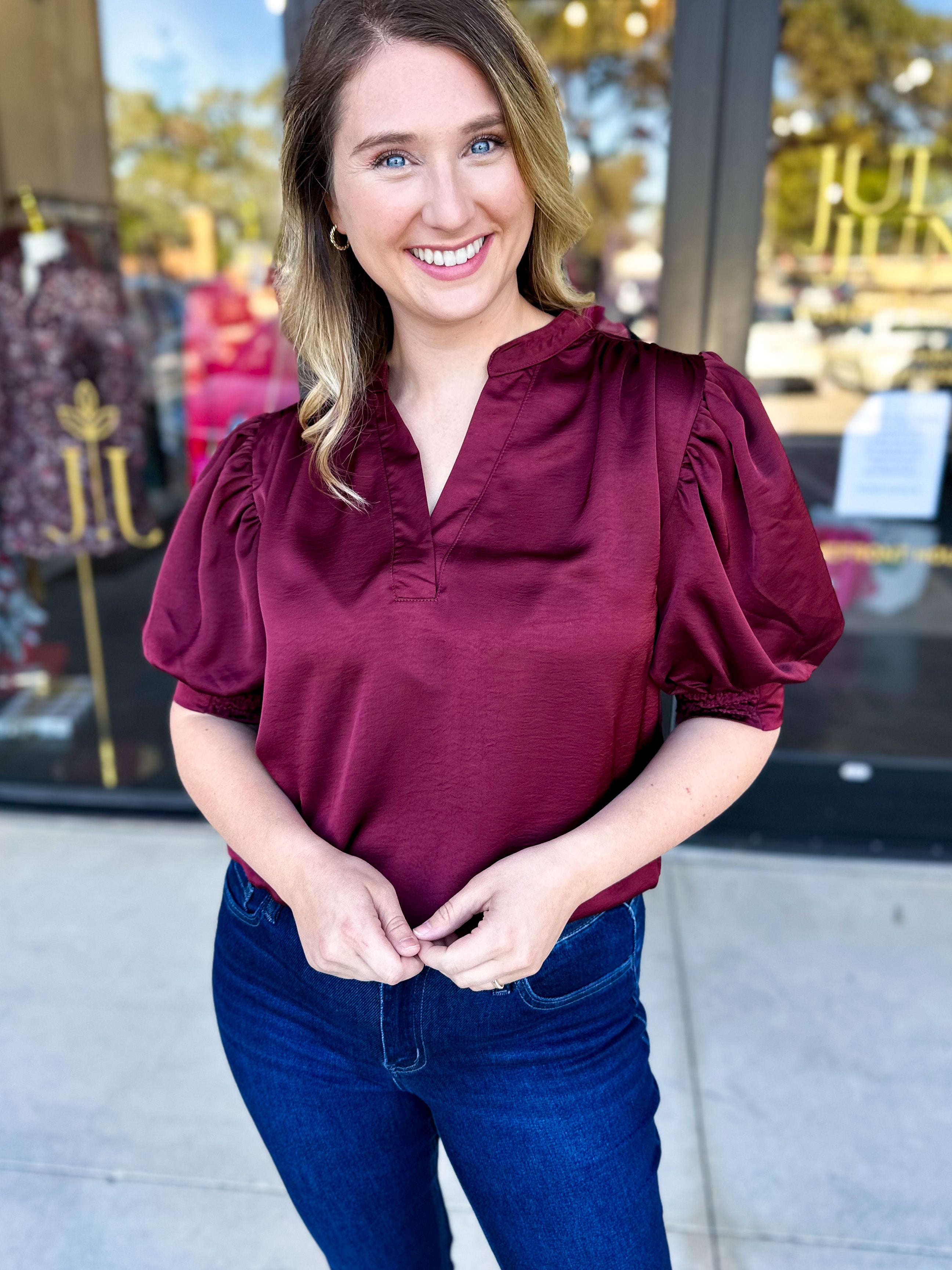 Pink Friday Doorbuster - Puff Sleeve Satin Blouse - Wine - IN STORE-PINK FRIDAY DOORBUSTERS-GLAM-July & June Women's Fashion Boutique Located in San Antonio, Texas