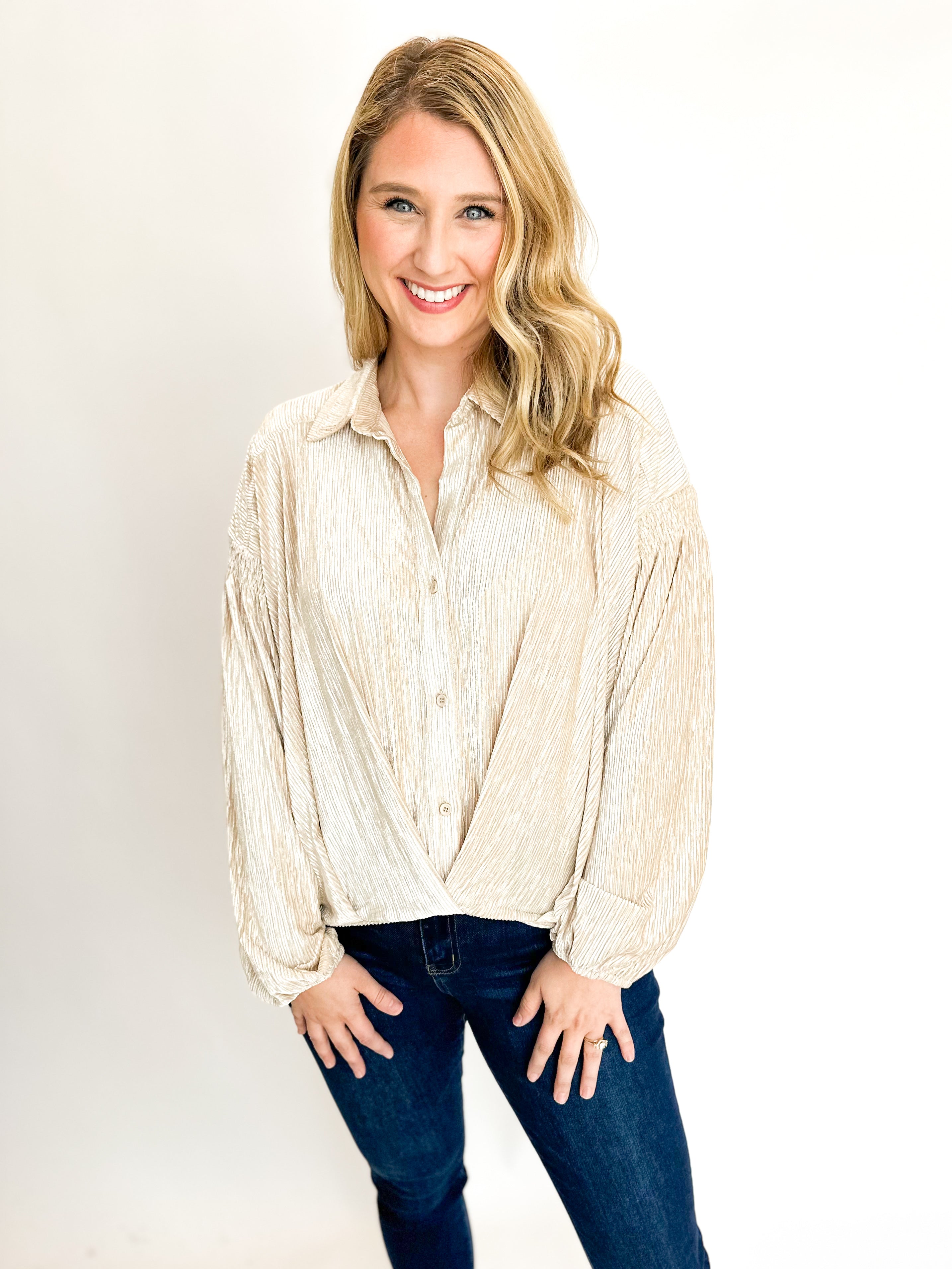 Textured Velvet Blouse - Cream-200 Fashion Blouses-SKIES ARE BLUE-July & June Women's Fashion Boutique Located in San Antonio, Texas