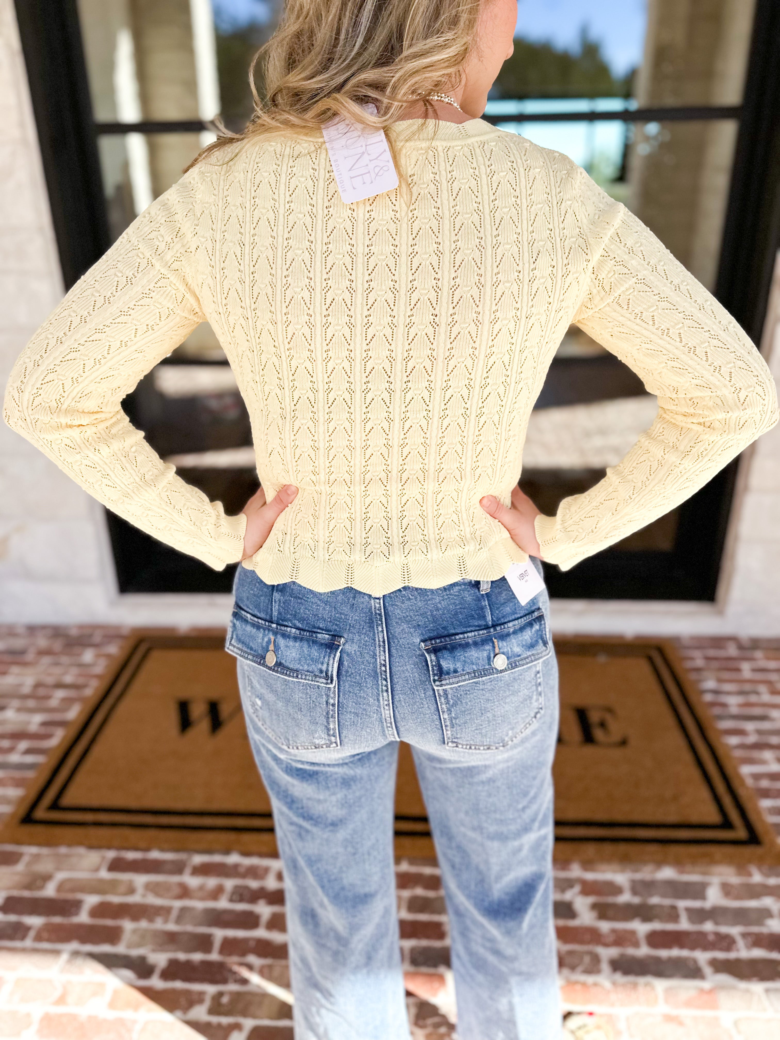 Pointelle Cardigan - Butter Yellow-230 Sweaters/Cardis-ALLIE ROSE-July & June Women's Fashion Boutique Located in San Antonio, Texas