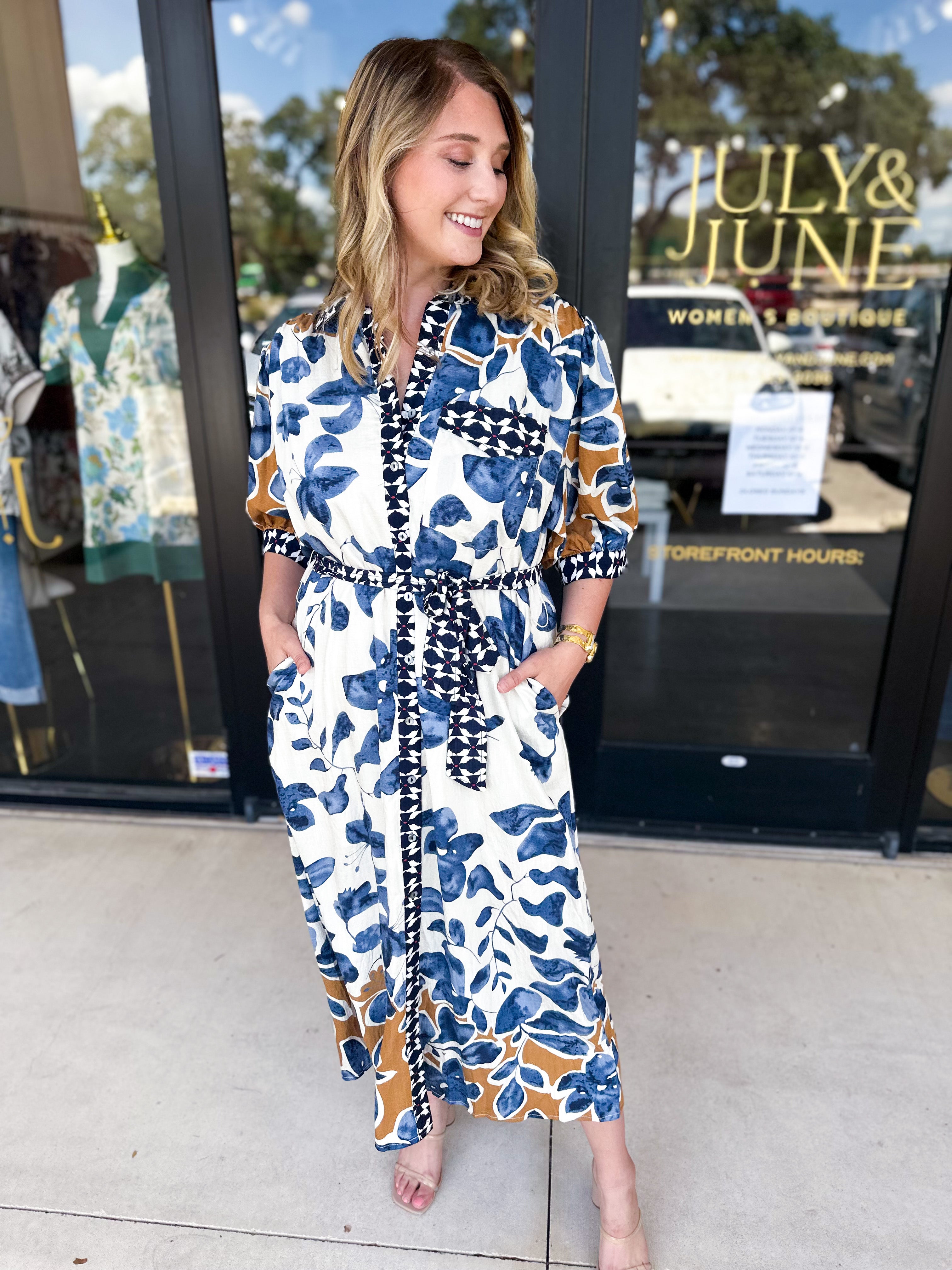Slate Blue & Rust Watercolor Midi Dress-500 Midi-ENTRO-July & June Women's Fashion Boutique Located in San Antonio, Texas