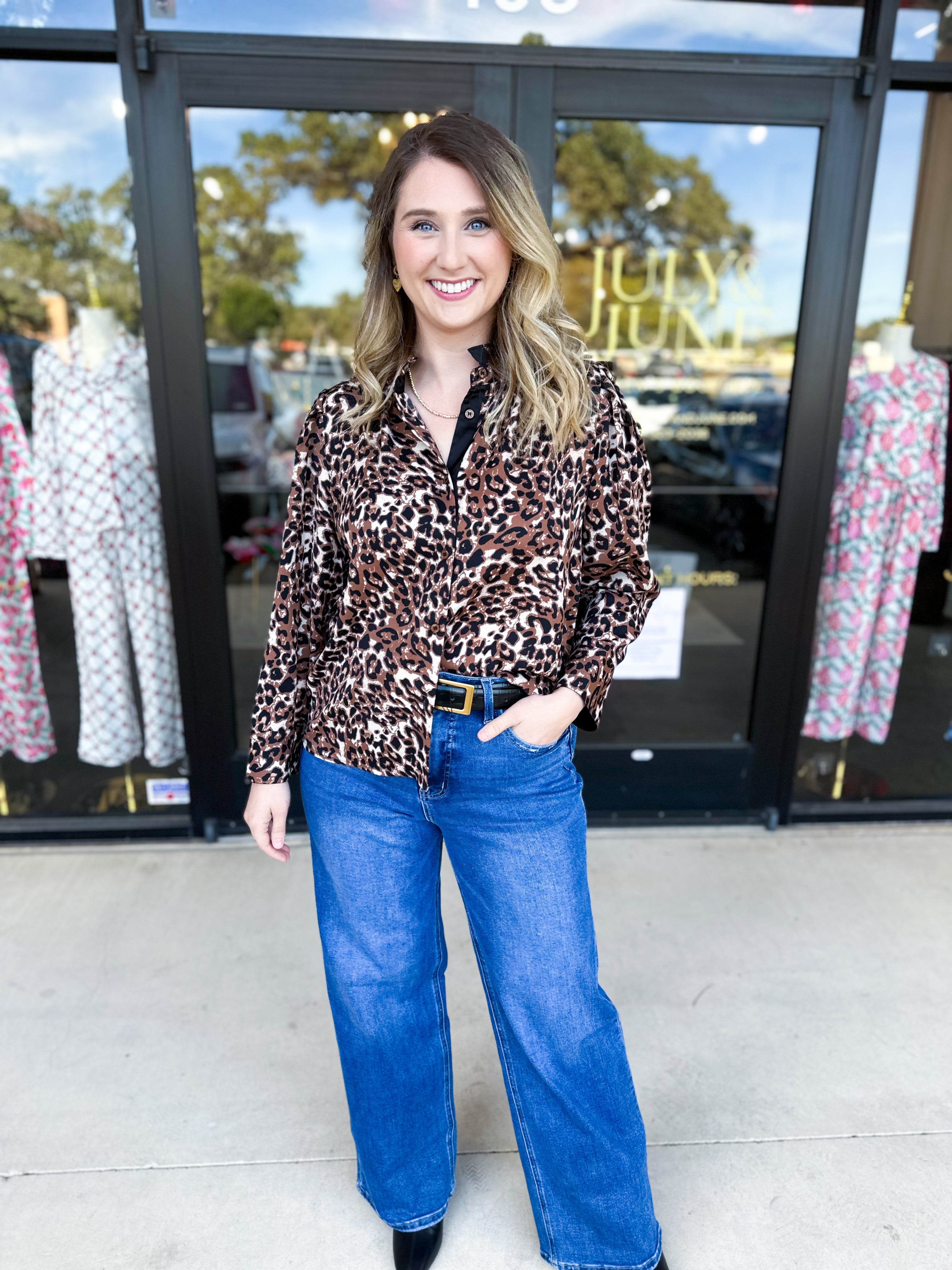 Golden Animal Print Blouse-200 Fashion Blouses-JODIFL-July & June Women's Fashion Boutique Located in San Antonio, Texas
