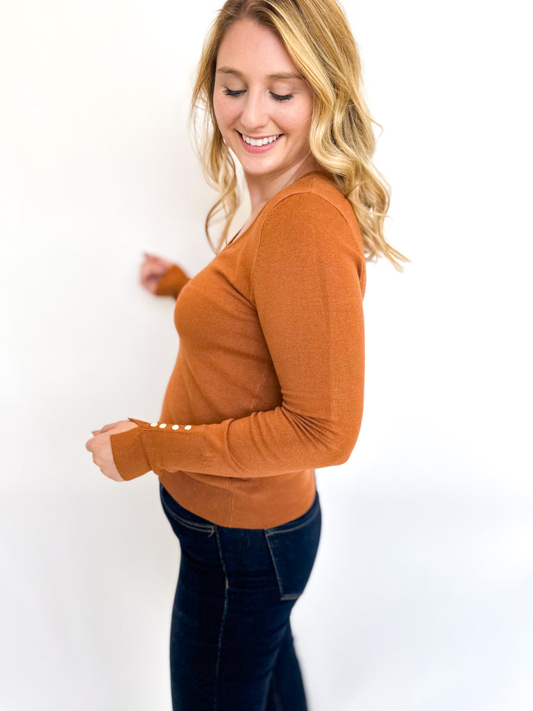 Everyday V-Neck Sweater- Toffee-210 Casual Blouses-SKIES ARE BLUE-July & June Women's Fashion Boutique Located in San Antonio, Texas