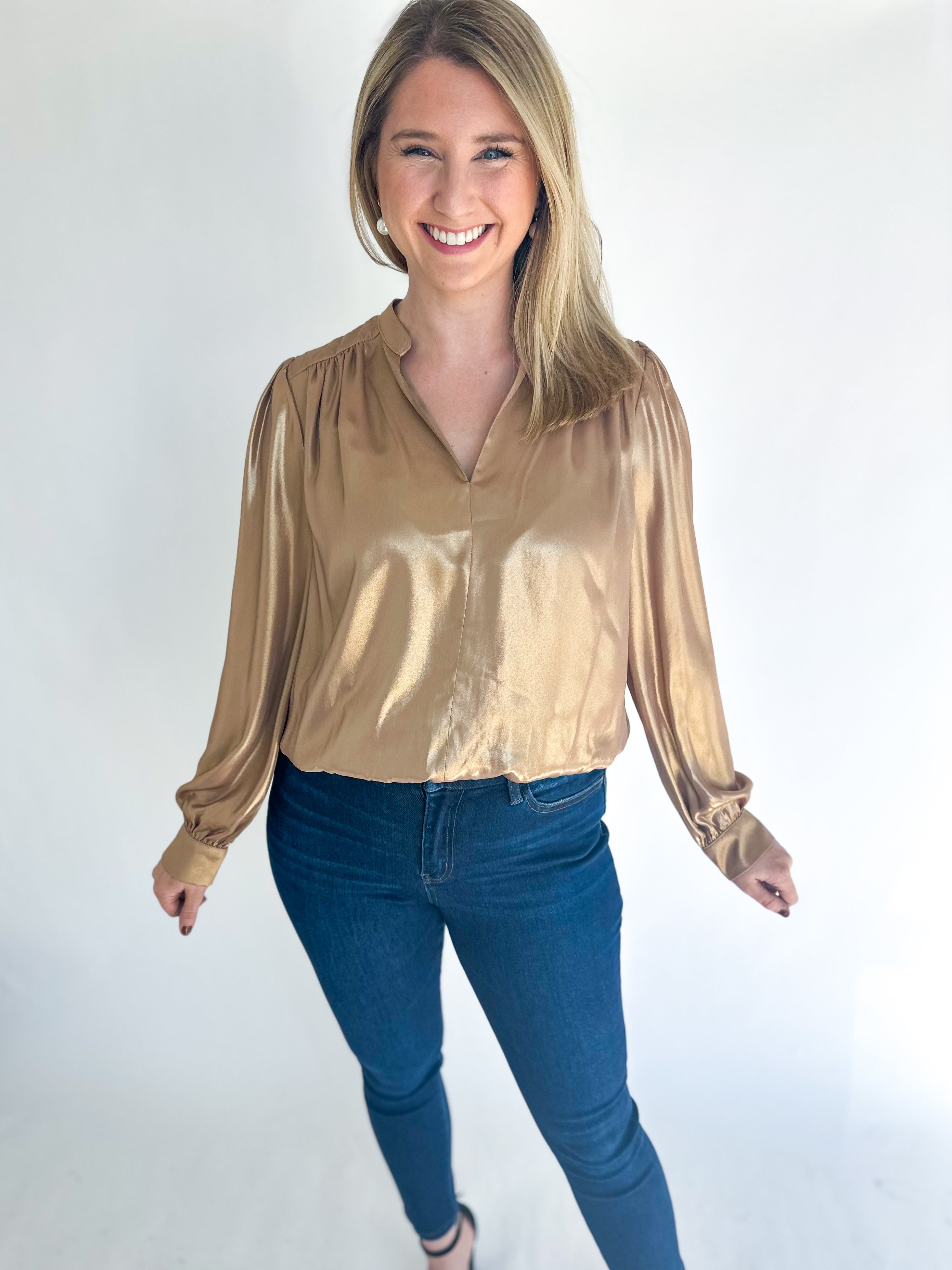 New Beginnings Bubble Hem Blouse - Gold-200 Fashion Blouses-CURRENT AIR CLOTHING-July & June Women's Fashion Boutique Located in San Antonio, Texas