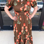Mocha & Rust Floral Midi Dress-500 Midi-ENTRO-July & June Women's Fashion Boutique Located in San Antonio, Texas