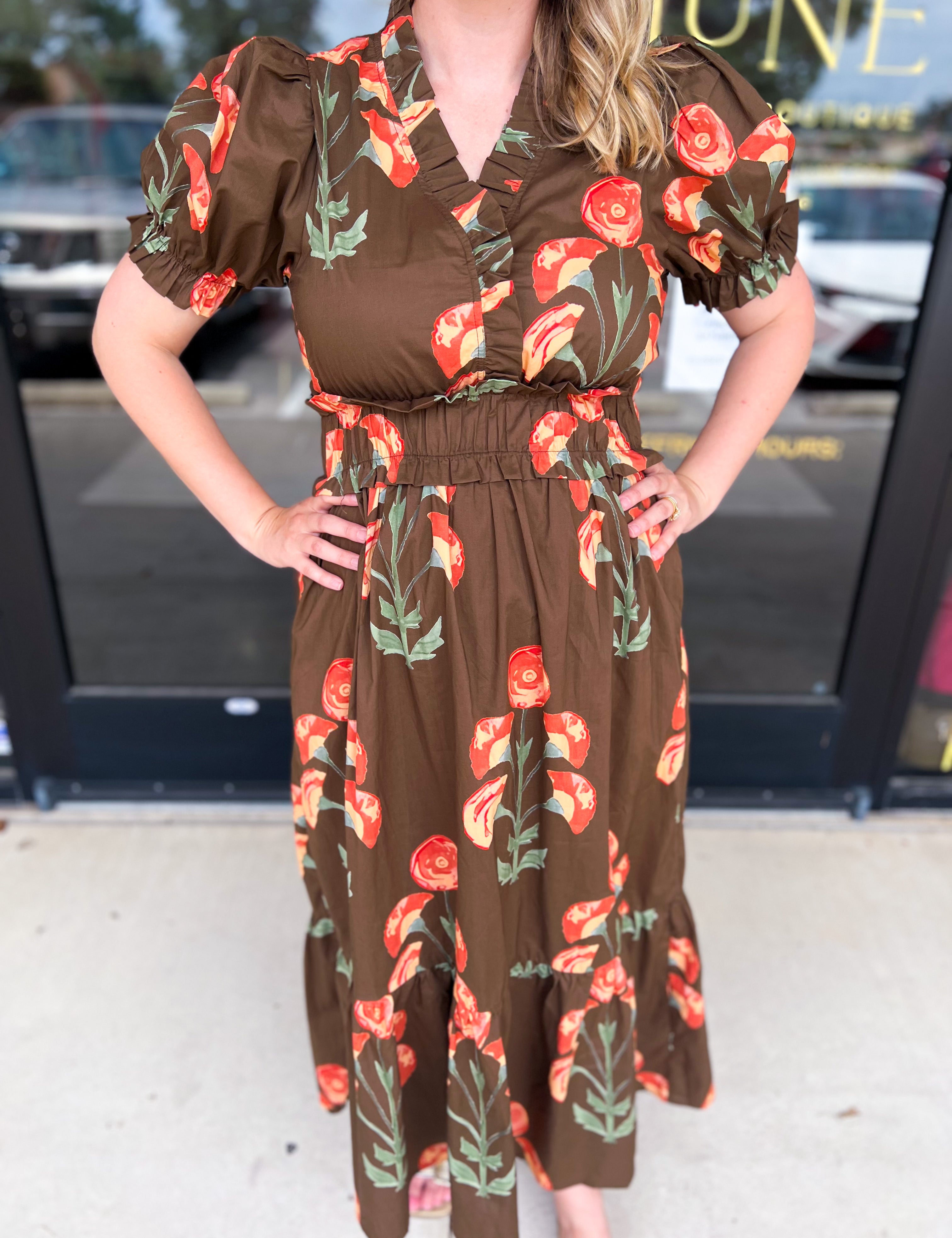 Mocha & Rust Floral Midi Dress-500 Midi-ENTRO-July & June Women's Fashion Boutique Located in San Antonio, Texas