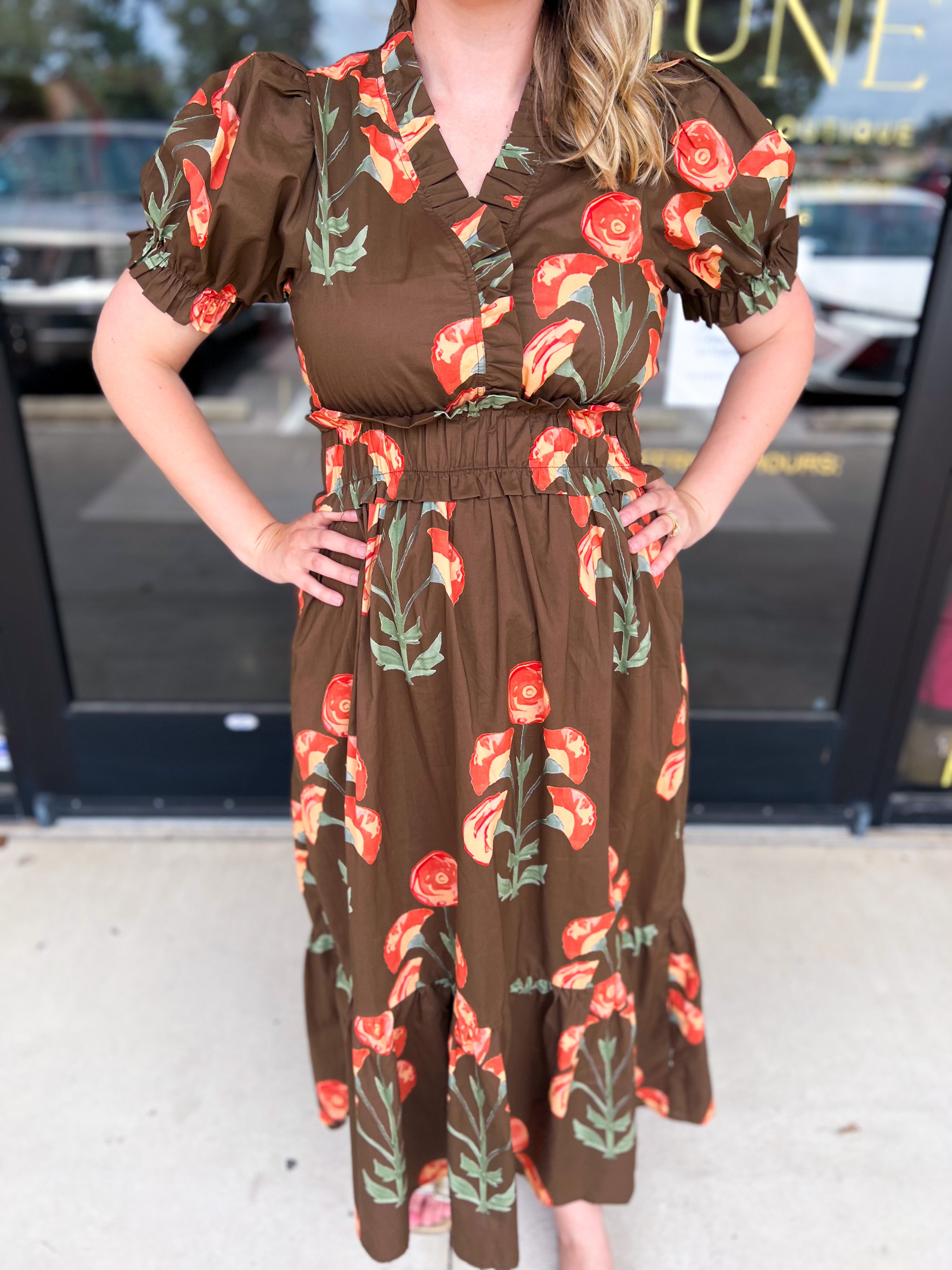 Mocha & Rust Floral Midi Dress-500 Midi-ENTRO-July & June Women's Fashion Boutique Located in San Antonio, Texas