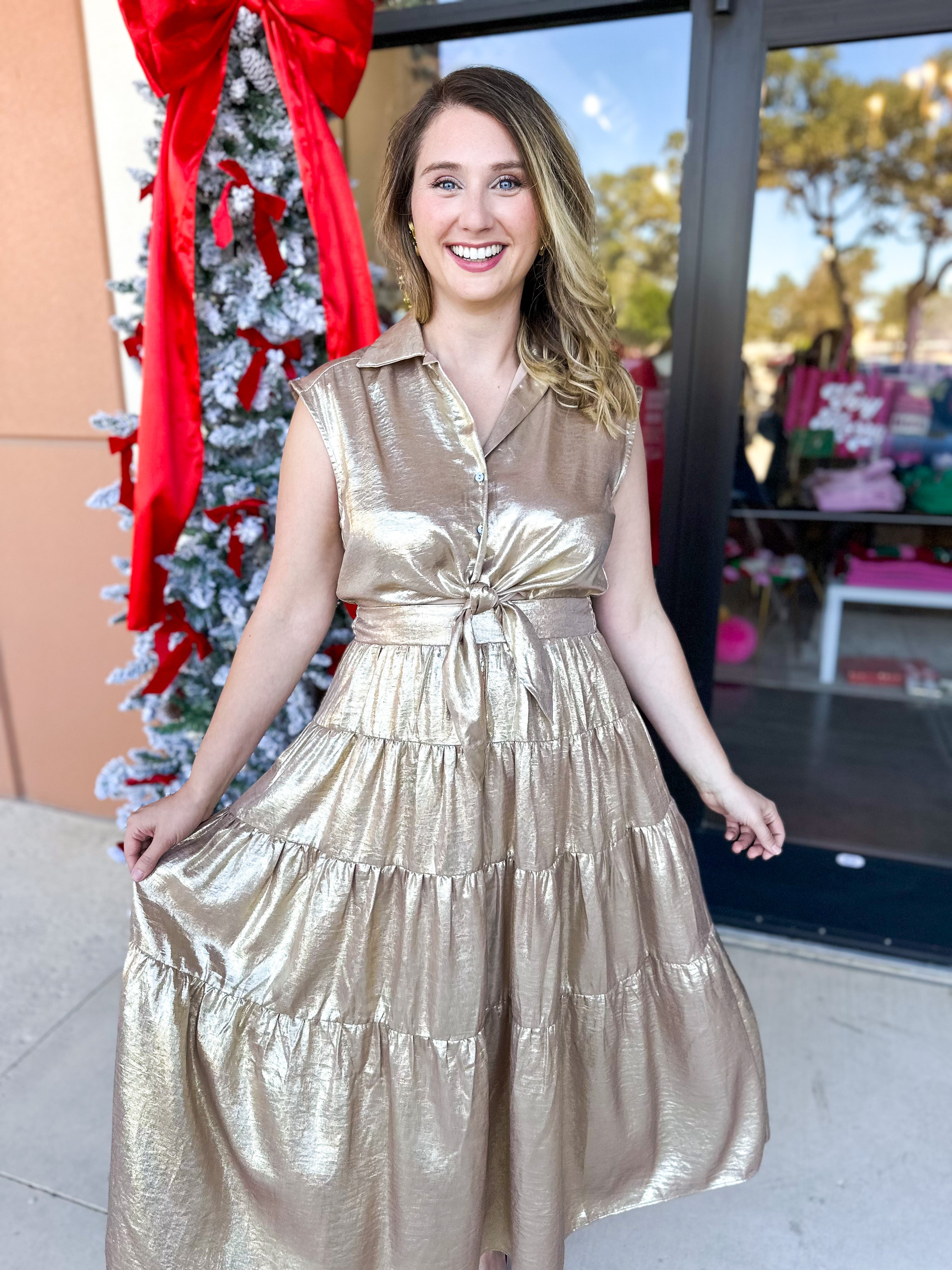 Champagne Collard Midi Dress-500 Midi-ENTRO-July & June Women's Fashion Boutique Located in San Antonio, Texas