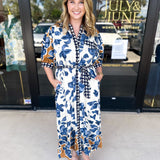 Slate Blue & Rust Watercolor Midi Dress-500 Midi-ENTRO-July & June Women's Fashion Boutique Located in San Antonio, Texas