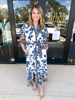 Slate Blue & Rust Watercolor Midi Dress-500 Midi-ENTRO-July & June Women's Fashion Boutique Located in San Antonio, Texas