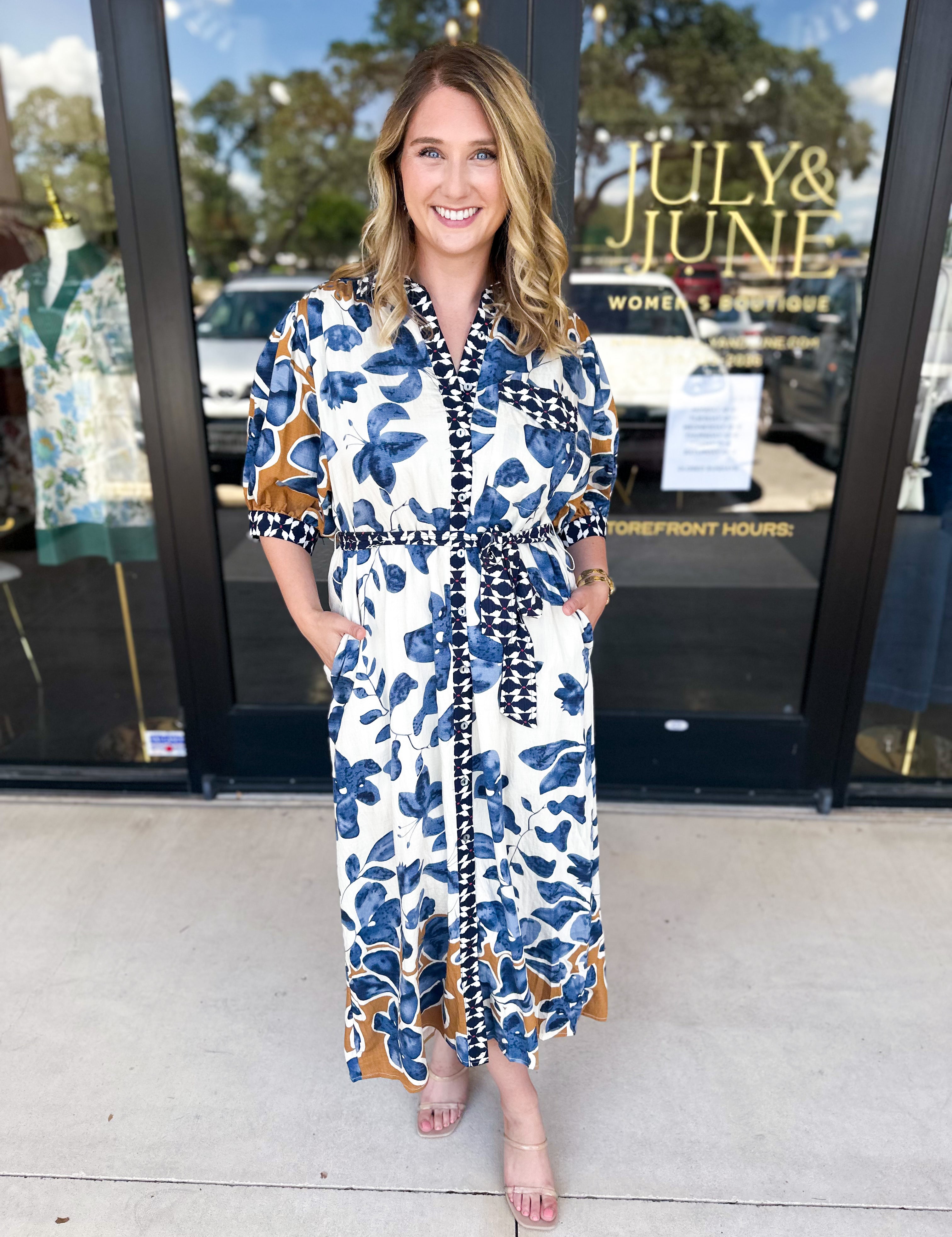 Slate Blue & Rust Watercolor Midi Dress-500 Midi-ENTRO-July & June Women's Fashion Boutique Located in San Antonio, Texas