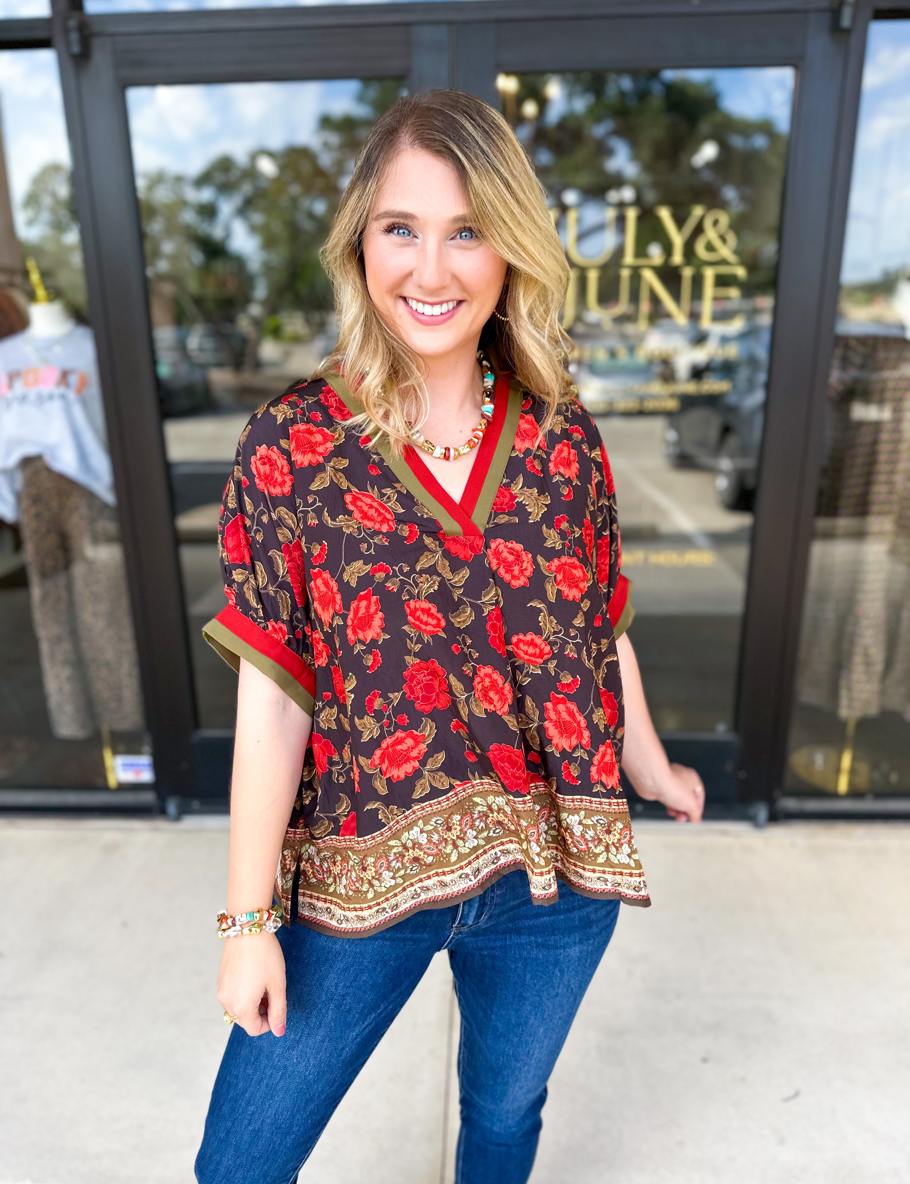 Fall Garden Blouse - Black-200 Fashion Blouses-ENTRO-July & June Women's Fashion Boutique Located in San Antonio, Texas