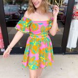 Bold Print Pink & Orange Mini Dress-510 Mini-PEACH LOVE-July & June Women's Fashion Boutique Located in San Antonio, Texas