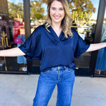 Pink Friday Doorbuster - Classic Satin Blouse - Navy - IN STORE-PINK FRIDAY DOORBUSTERS-GLAM-July & June Women's Fashion Boutique Located in San Antonio, Texas