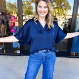 Pink Friday Doorbuster - Classic Satin Blouse - Navy - IN STORE-PINK FRIDAY DOORBUSTERS-GLAM-July & June Women's Fashion Boutique Located in San Antonio, Texas