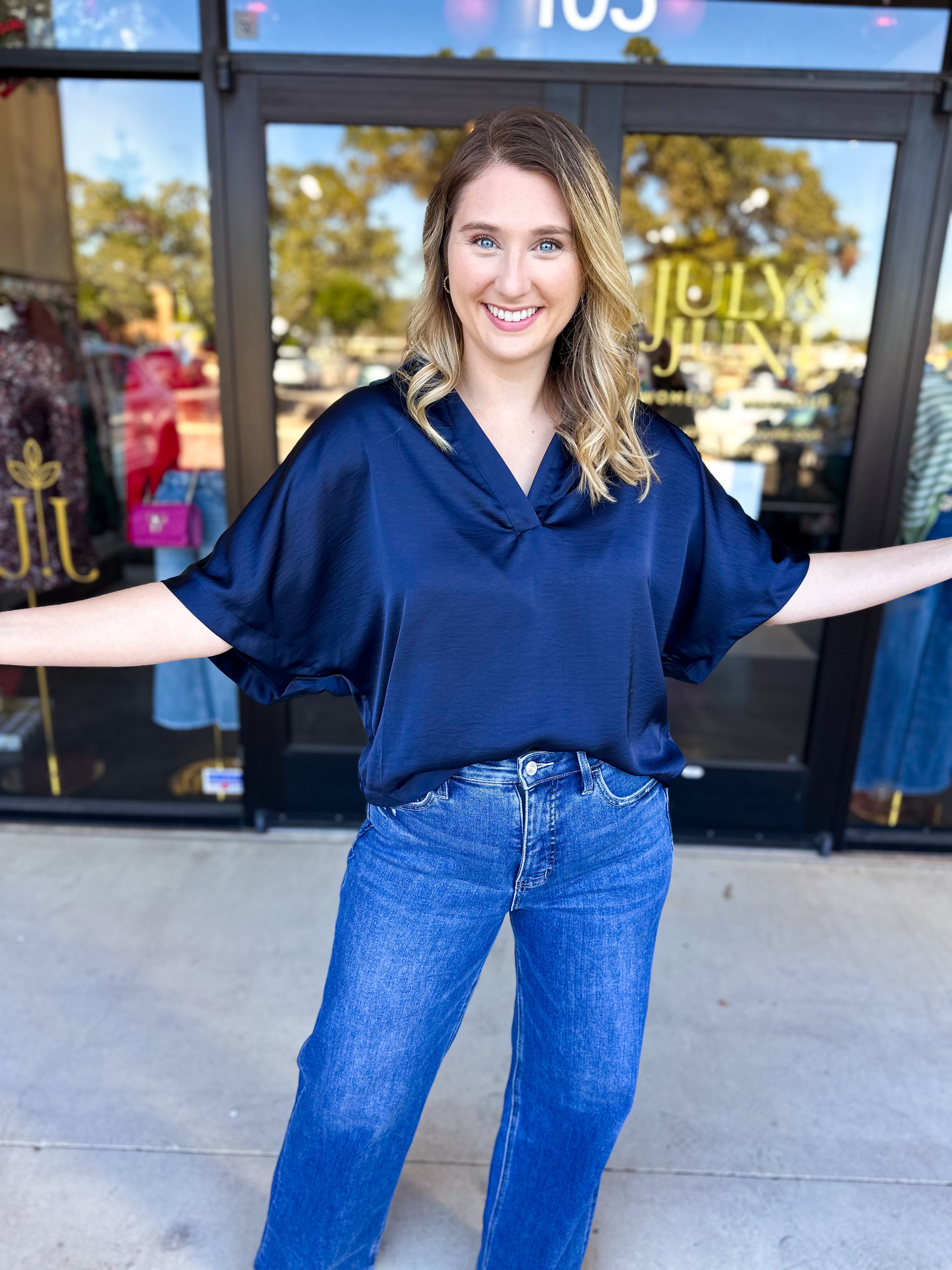 Pink Friday Doorbuster - Classic Satin Blouse - Navy - IN STORE-PINK FRIDAY DOORBUSTERS-GLAM-July & June Women's Fashion Boutique Located in San Antonio, Texas
