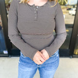 Henley Long Sleeve Basic Top - Brown-210 Casual Blouses-POLOGRAM-July & June Women's Fashion Boutique Located in San Antonio, Texas