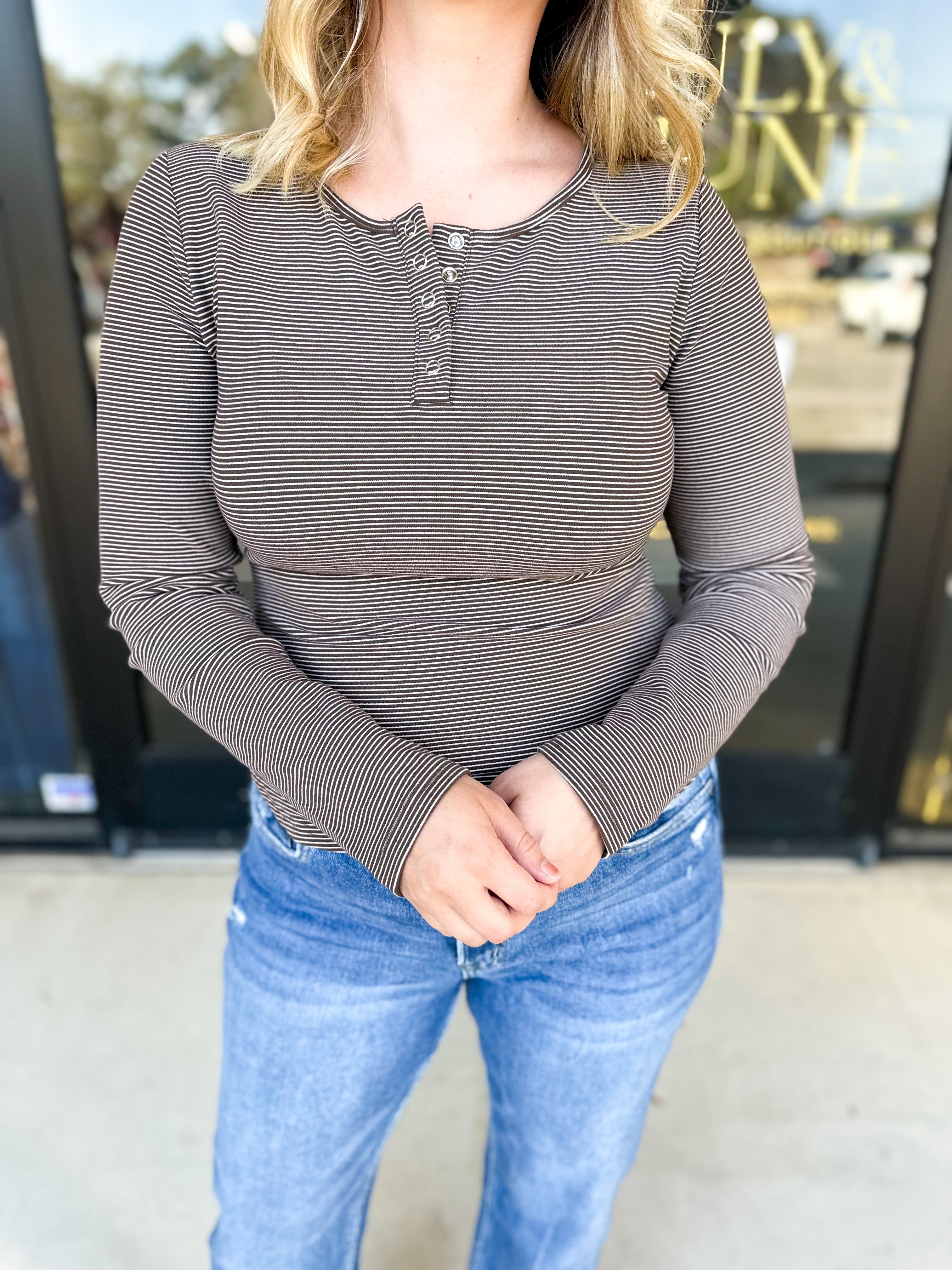 Henley Long Sleeve Basic Top - Brown-210 Casual Blouses-POLOGRAM-July & June Women's Fashion Boutique Located in San Antonio, Texas