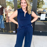 Soft Modal Zip Sleeveless Top - Navy - RESTOCK-210 Casual Blouses-SKIES ARE BLUE-July & June Women's Fashion Boutique Located in San Antonio, Texas