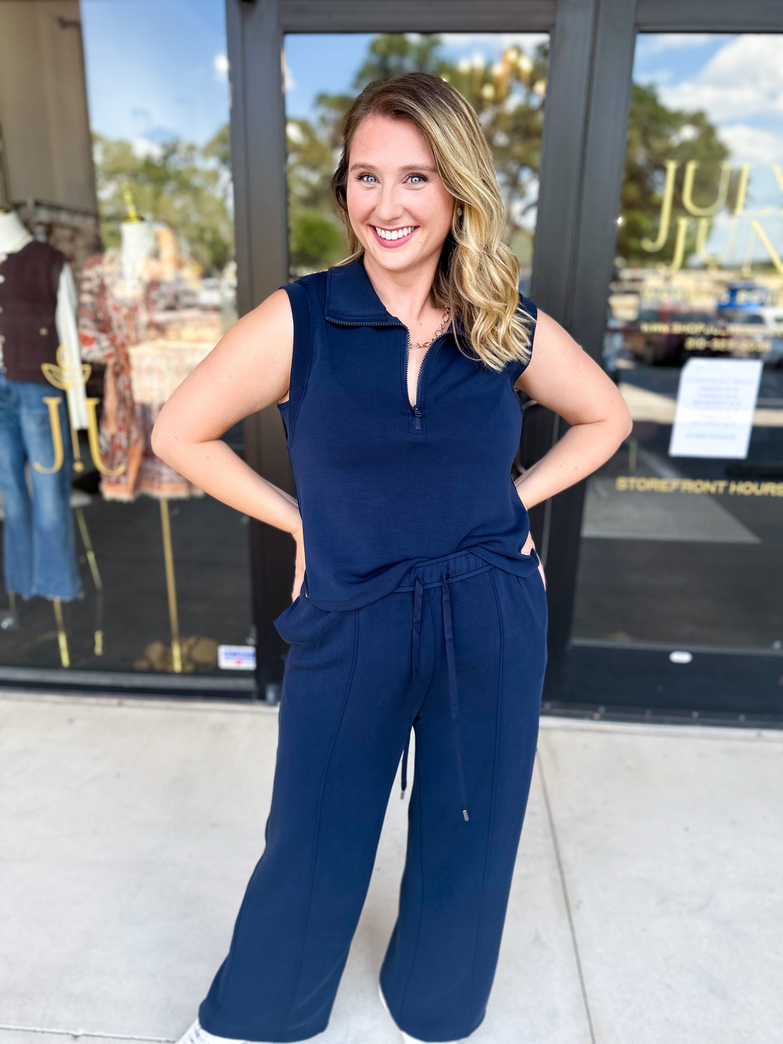 Soft Modal Zip Sleeveless Top - Navy - RESTOCK-210 Casual Blouses-SKIES ARE BLUE-July & June Women's Fashion Boutique Located in San Antonio, Texas
