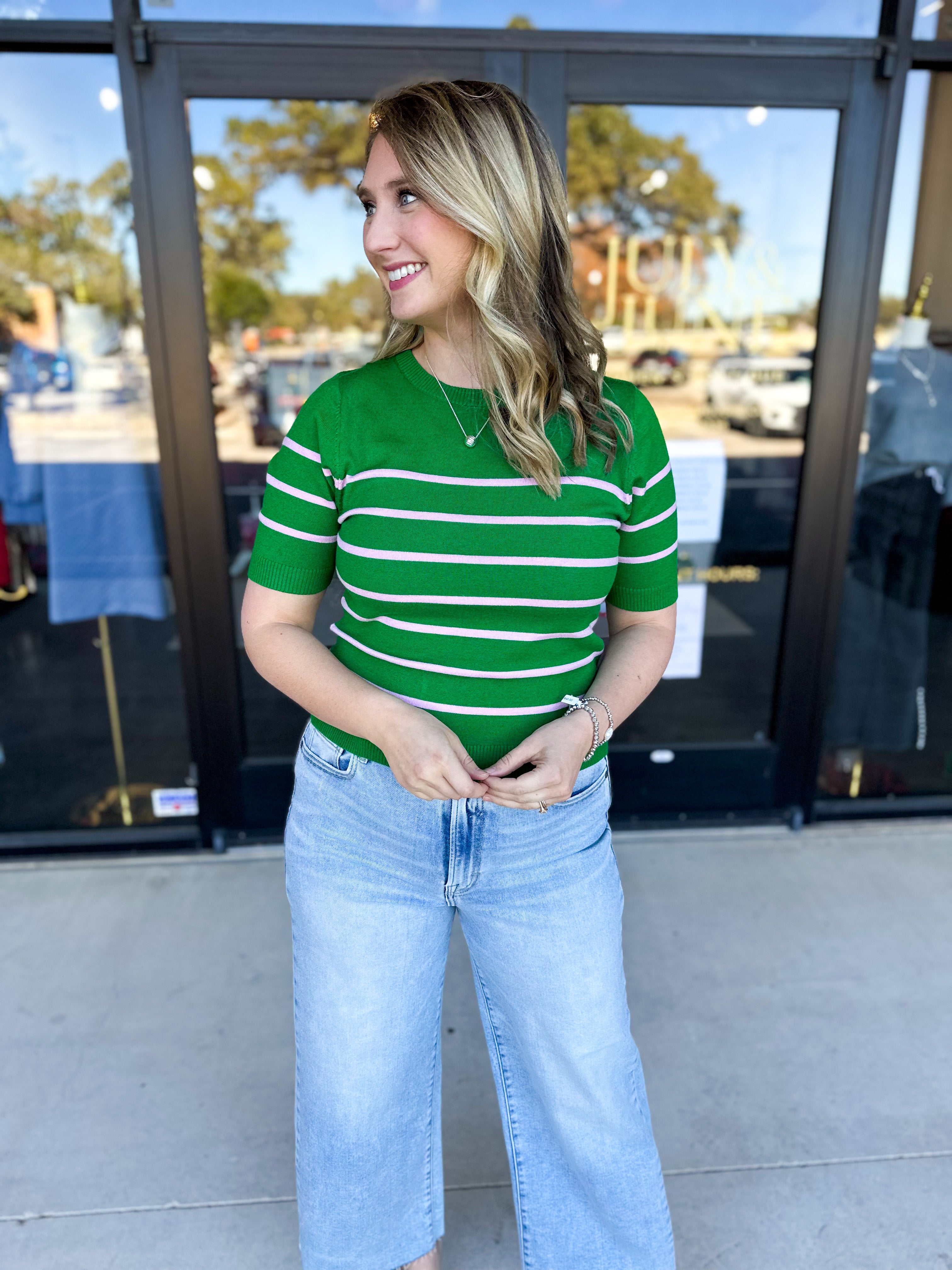 Short Sleeve Stripped Sweater Top - Kelly Green & Pink-230 Sweaters/Cardis-ALLIE ROSE-July & June Women's Fashion Boutique Located in San Antonio, Texas
