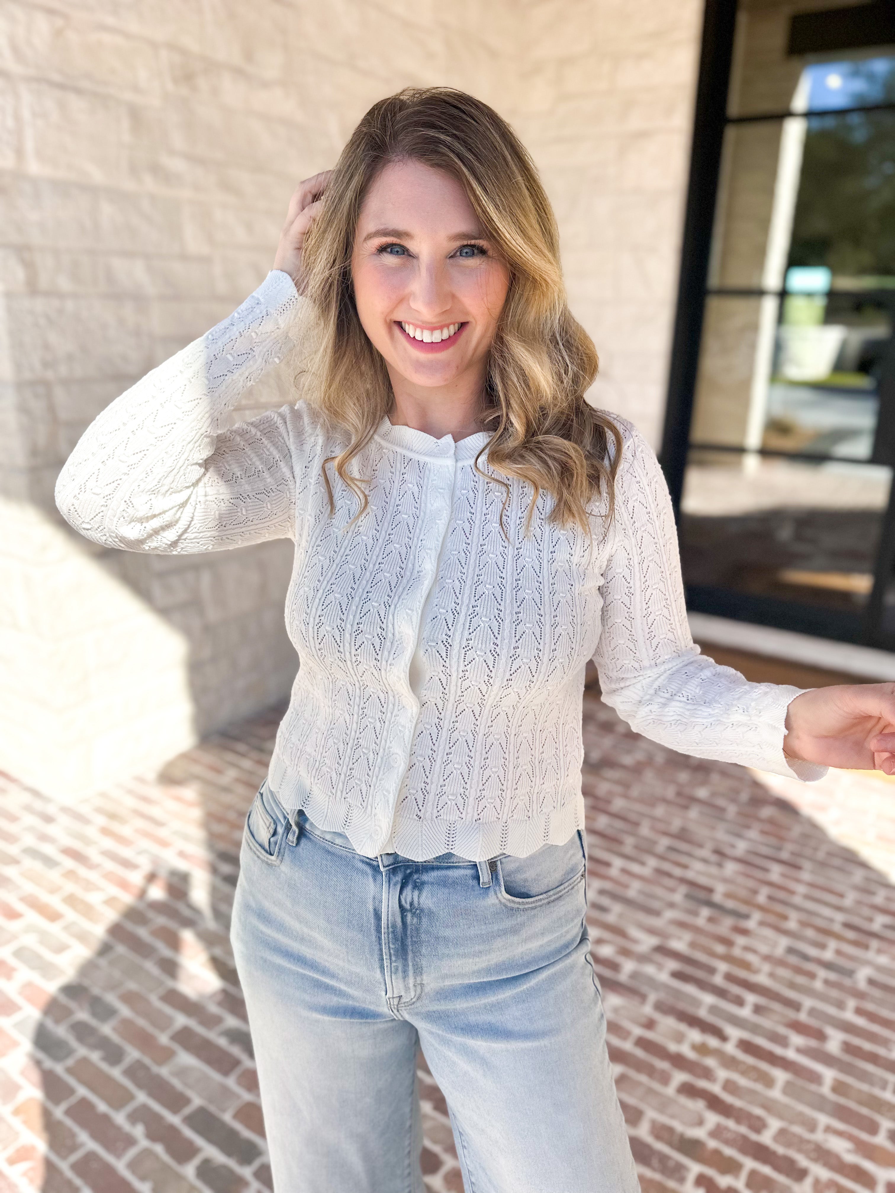 Pointelle Cardigan - Ivory-230 Sweaters/Cardis-ALLIE ROSE-July & June Women's Fashion Boutique Located in San Antonio, Texas