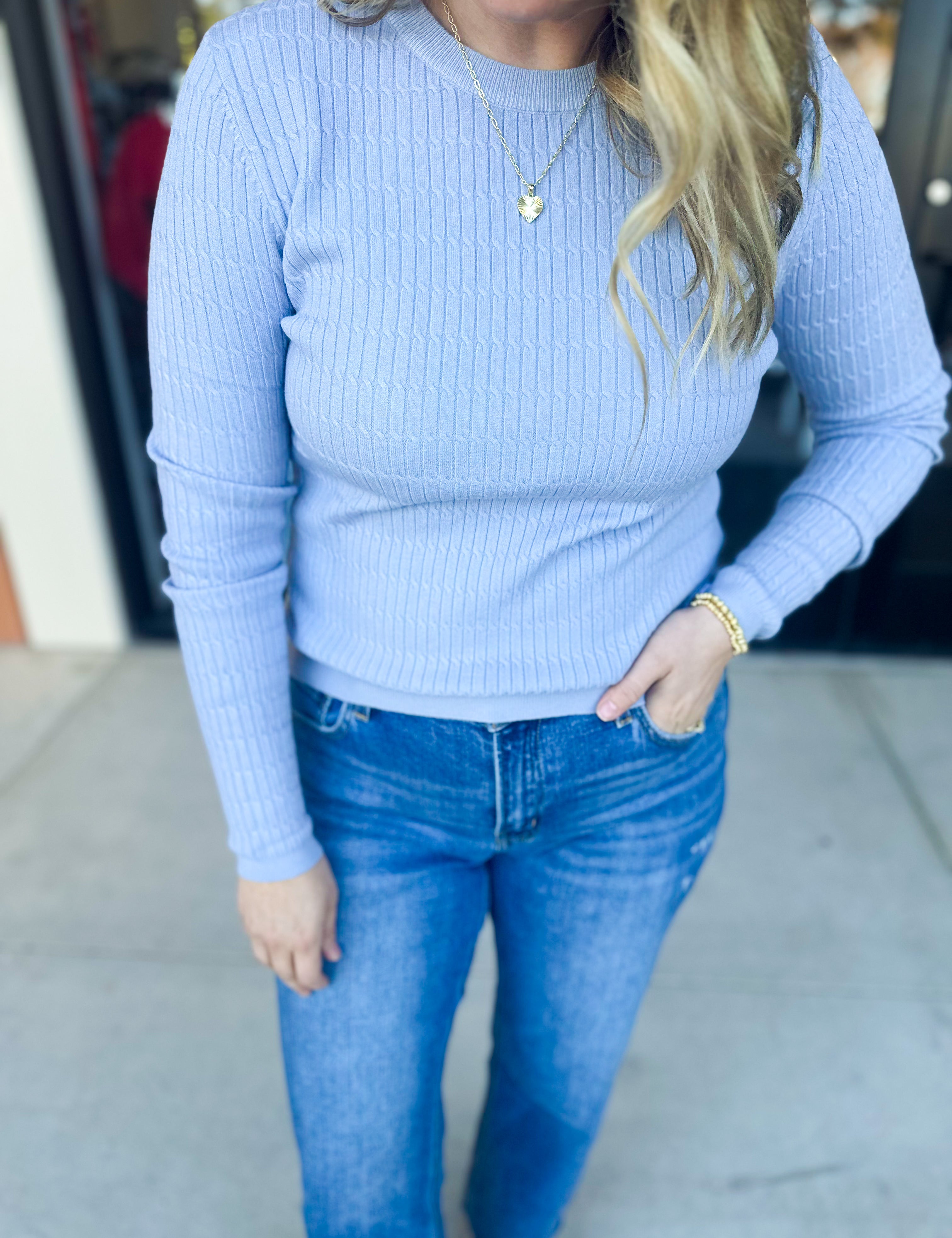 Tailored Cable Knit Sweater Top - Soft Blue-230 Sweaters/Cardis-ALLIE ROSE-July & June Women's Fashion Boutique Located in San Antonio, Texas