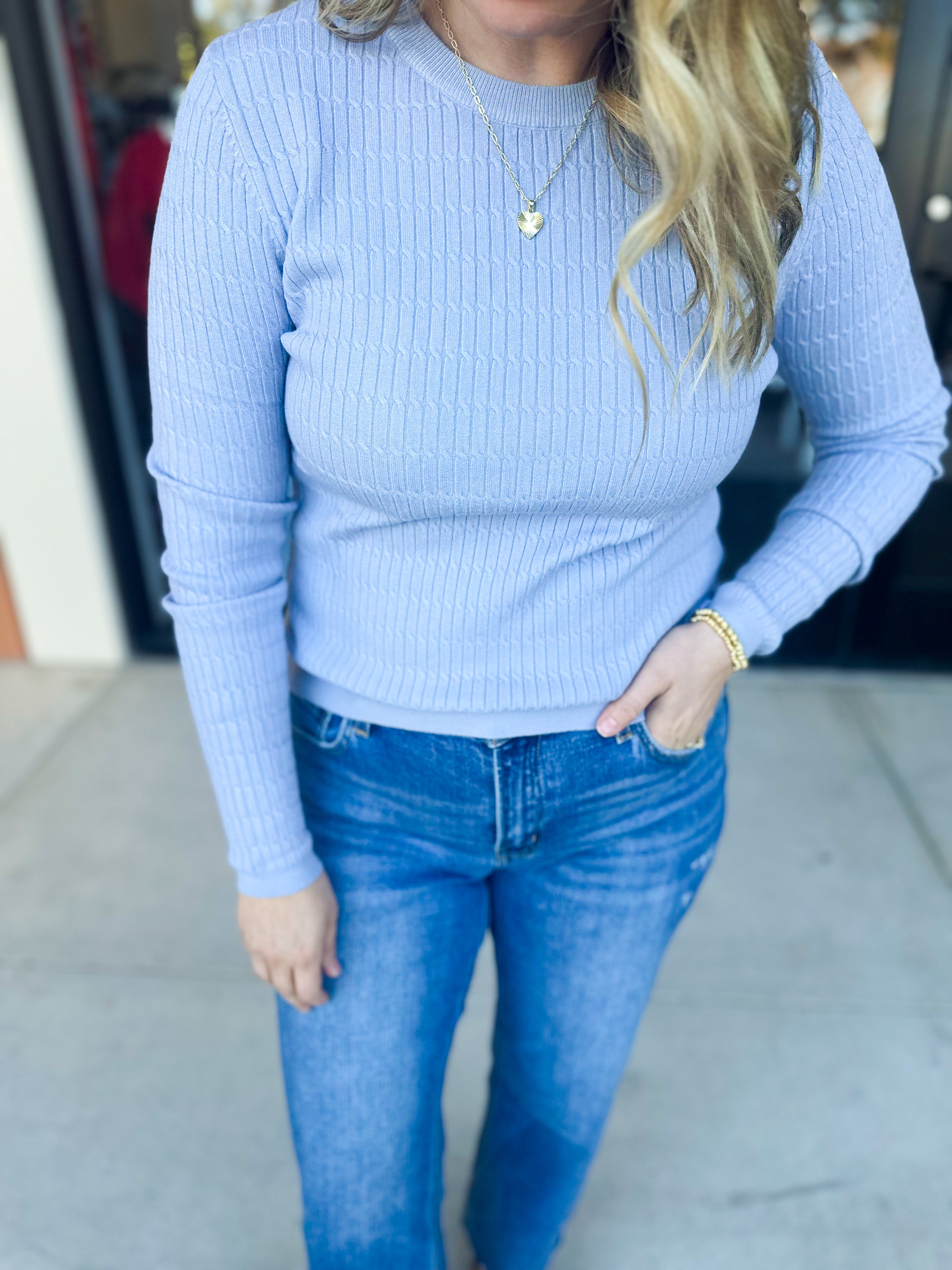 Tailored Cable Knit Sweater Top - Soft Blue-230 Sweaters/Cardis-ALLIE ROSE-July & June Women's Fashion Boutique Located in San Antonio, Texas