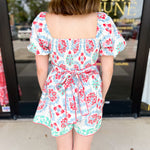 Border Print Puff Sleeve Romper-510 Mini-PEACH LOVE-July & June Women's Fashion Boutique Located in San Antonio, Texas